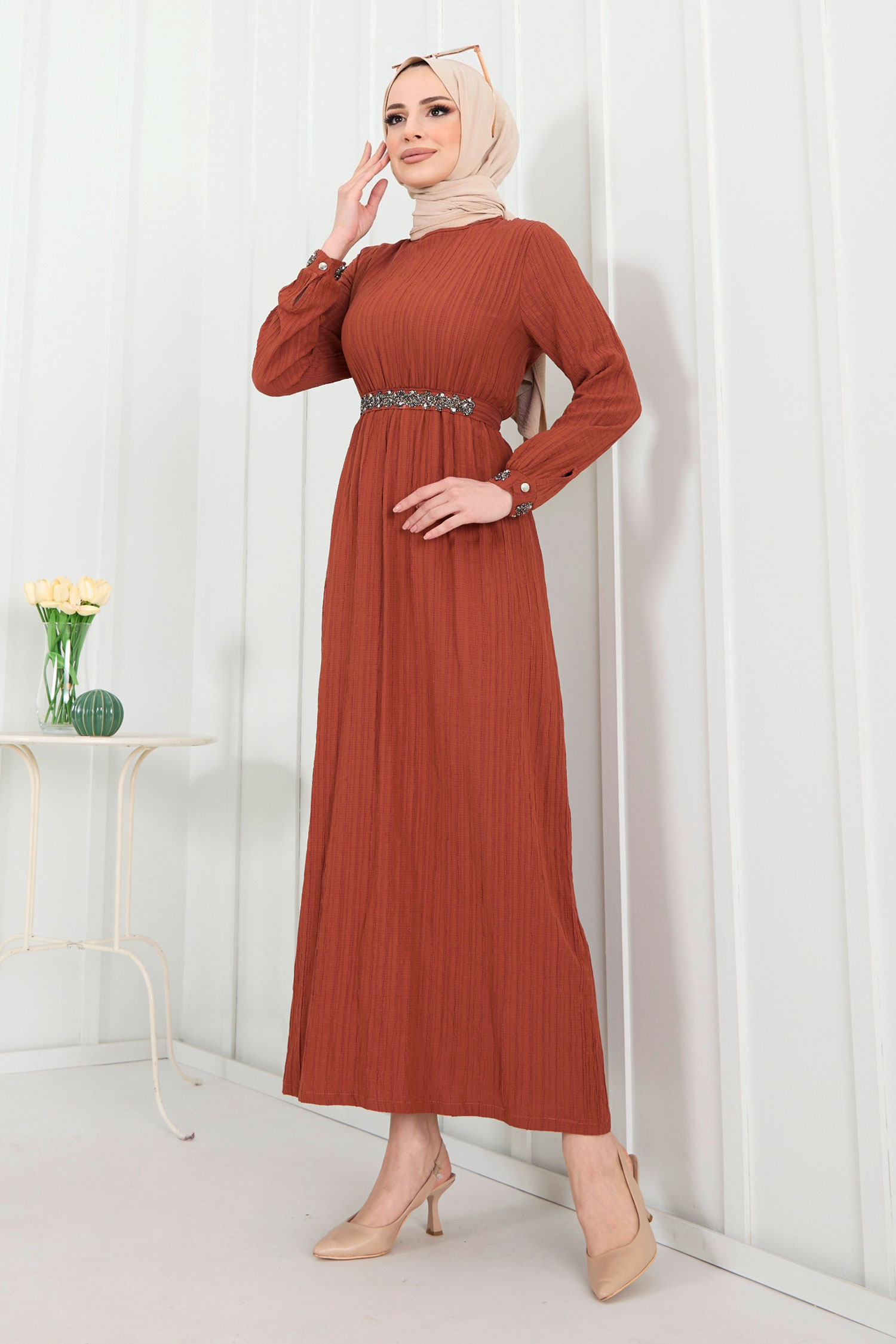 22278-KAHVE Elbise