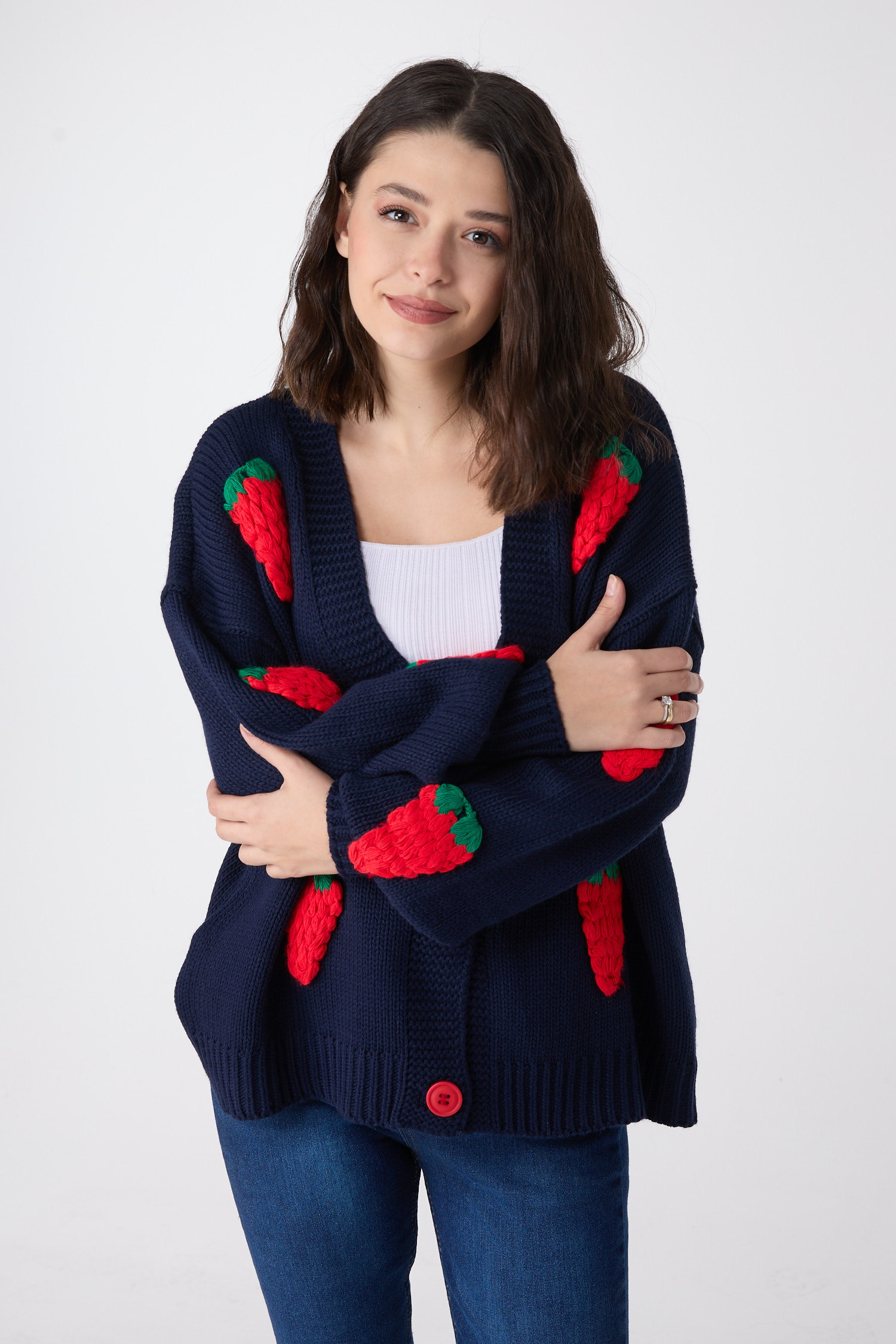 23919-LACIVERT Çilek Motifli Oversize Triko Hırka
