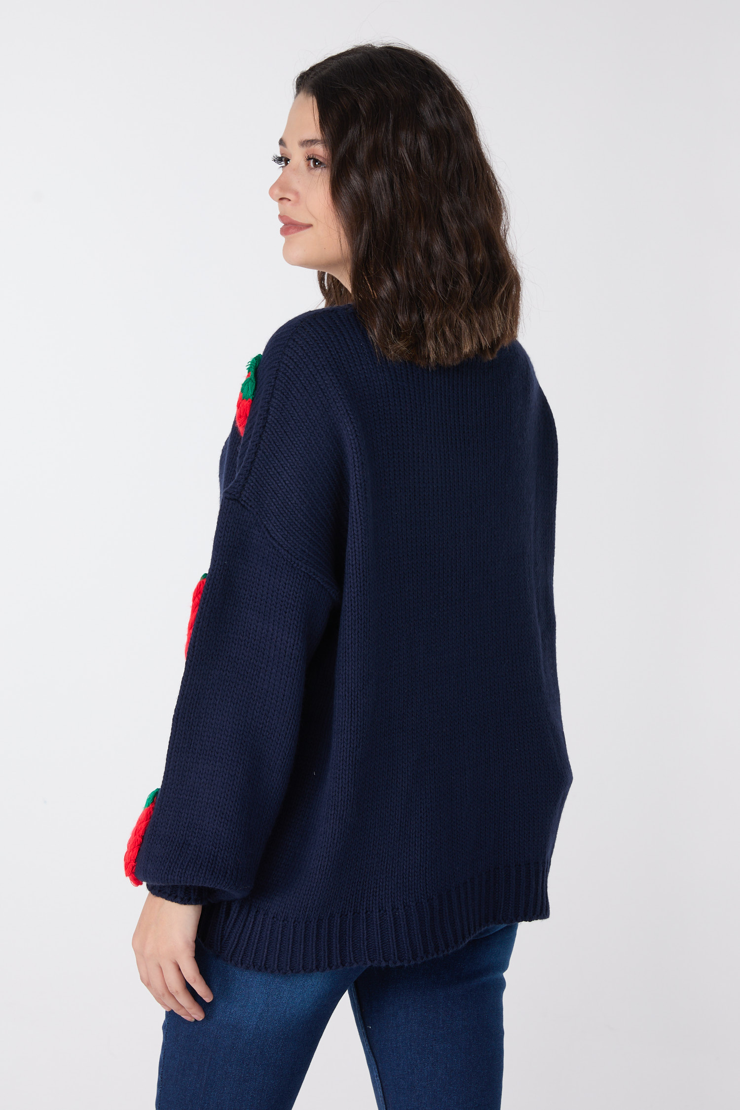 23919-LACIVERT Çilek Motifli Oversize Triko Hırka