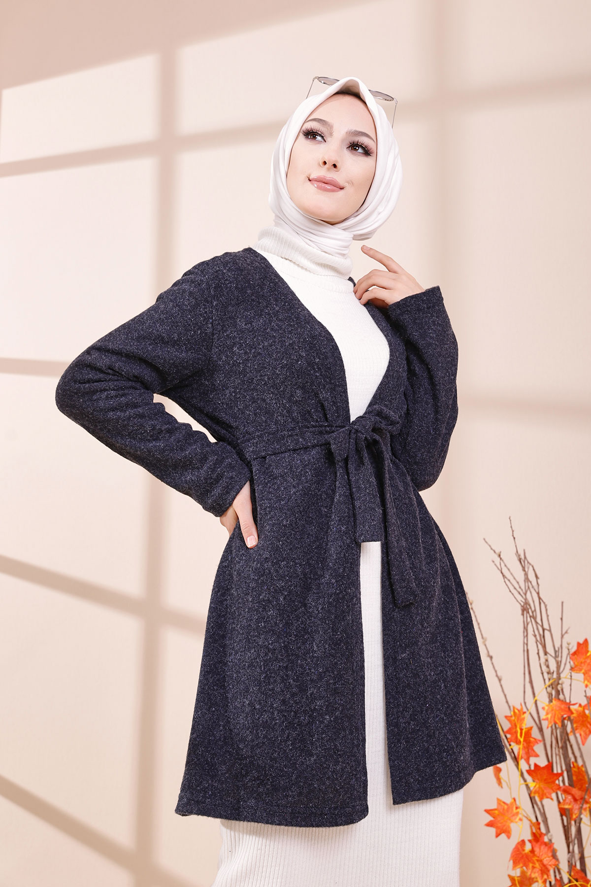 Baskılı Kuşaklı Hırka Lacivert - 3435