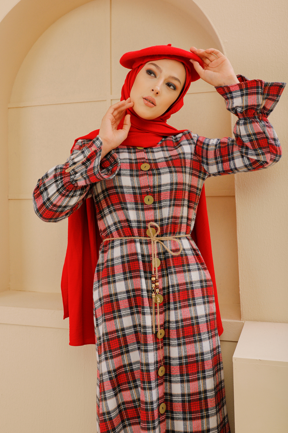 Belted Dress Navy Blue Red - 9103