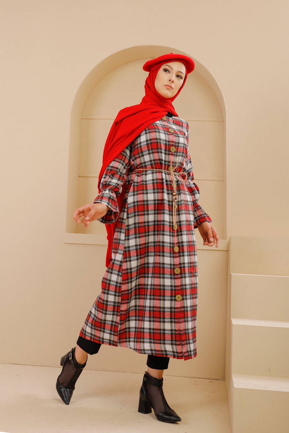 Belted Dress Navy Blue Red - 9103