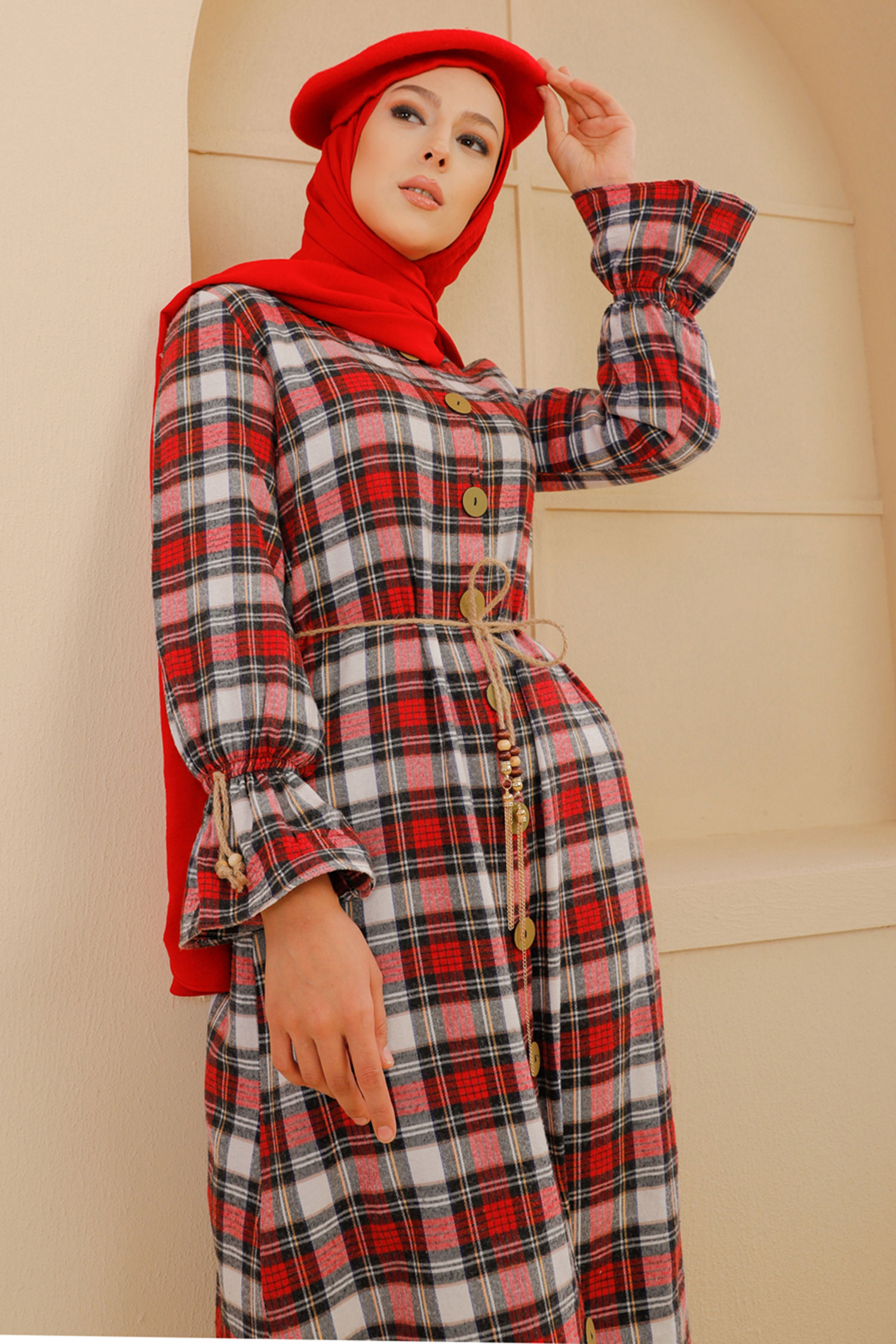 Belted Dress Navy Blue Red - 9103