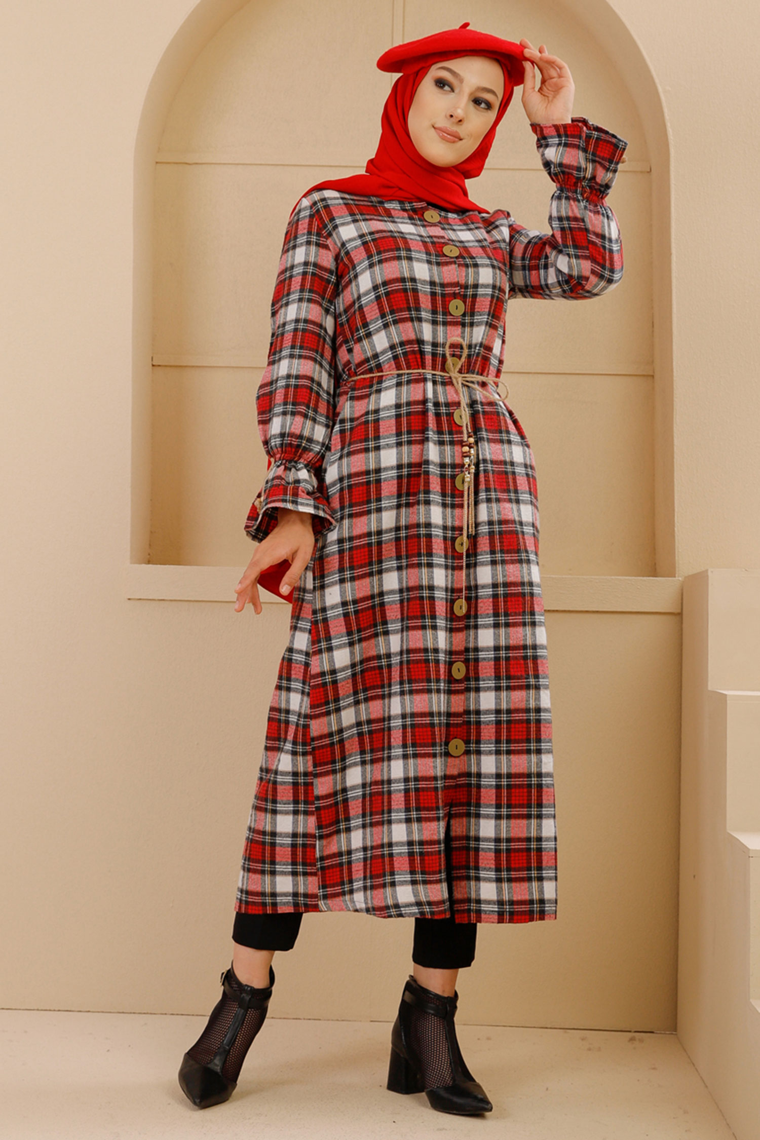 Belted Dress Navy Blue Red - 9103