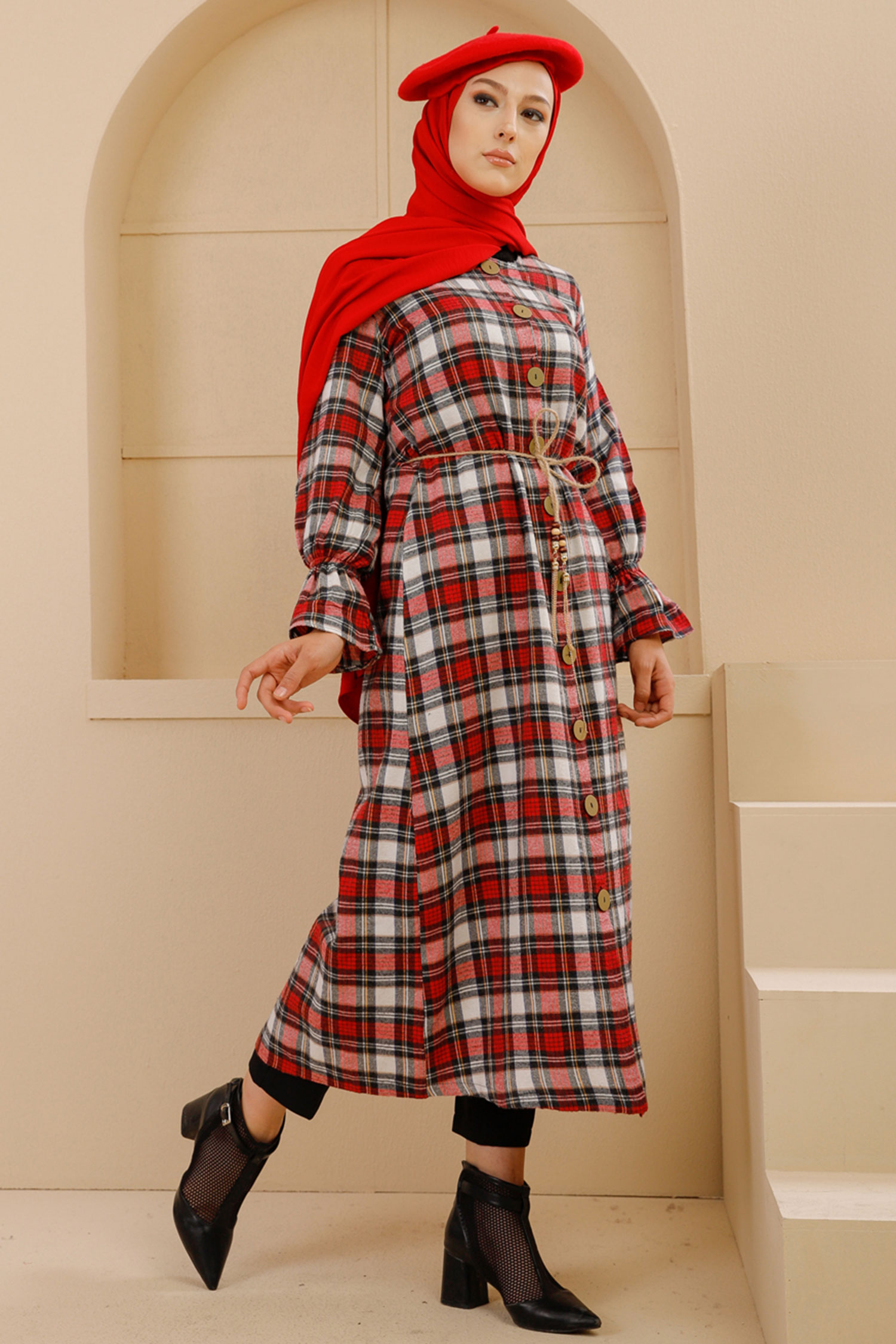 Belted Dress Navy Blue Red - 9103