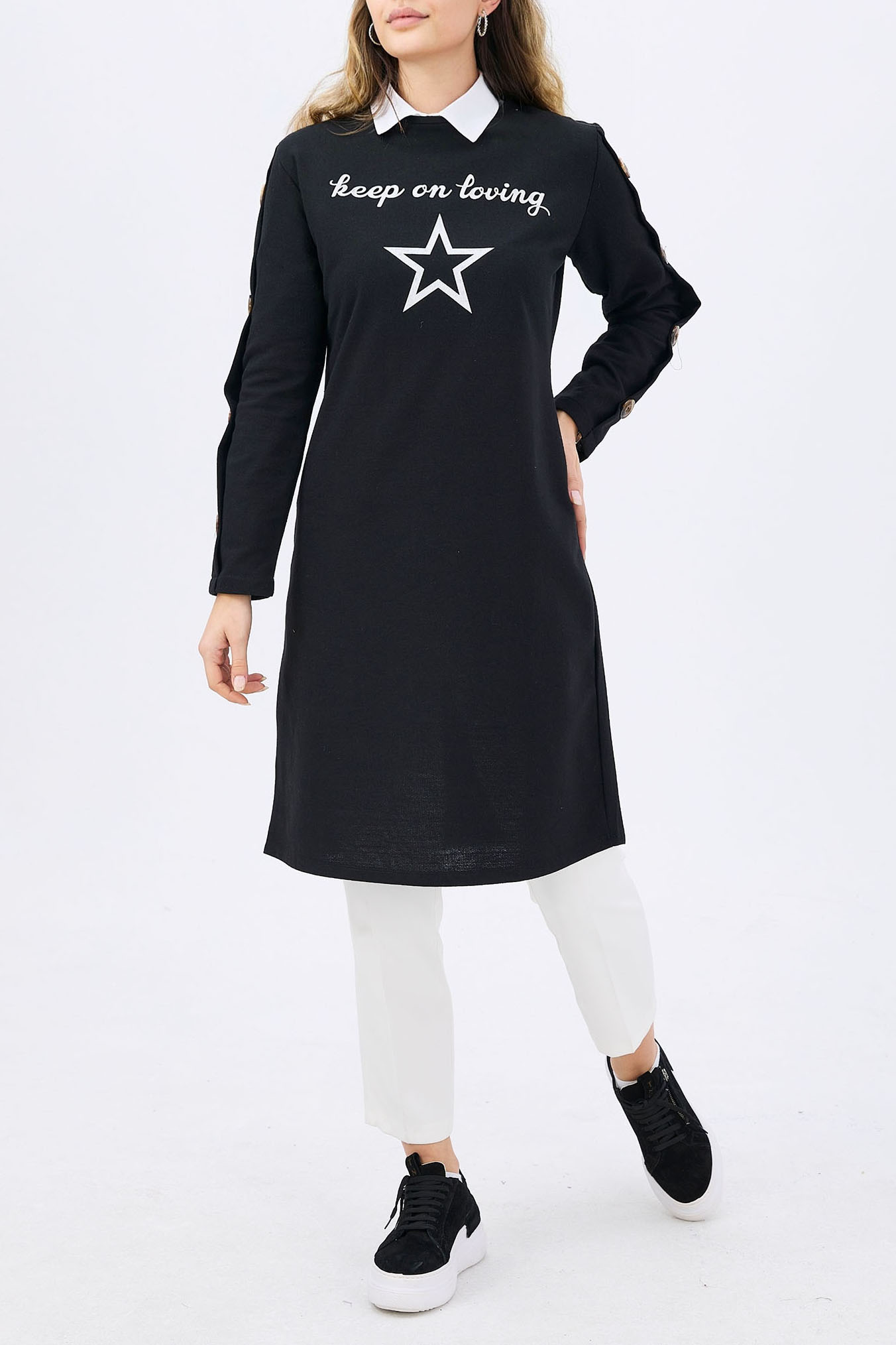 Sleeve Button Printed Tunic Black - 3441
