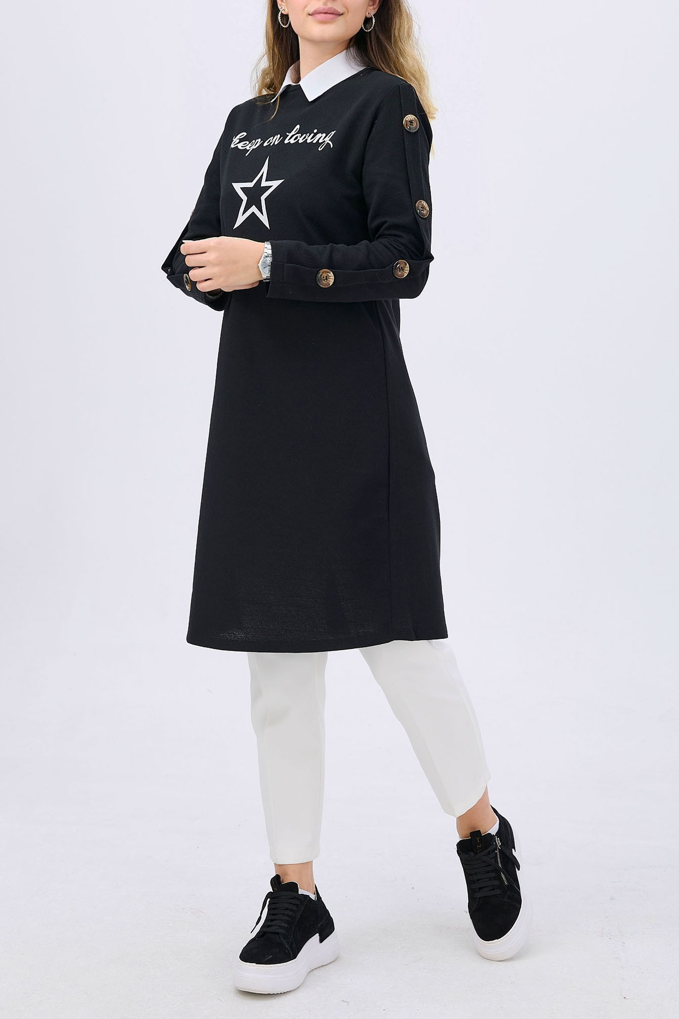 Sleeve Button Printed Tunic Black - 3441