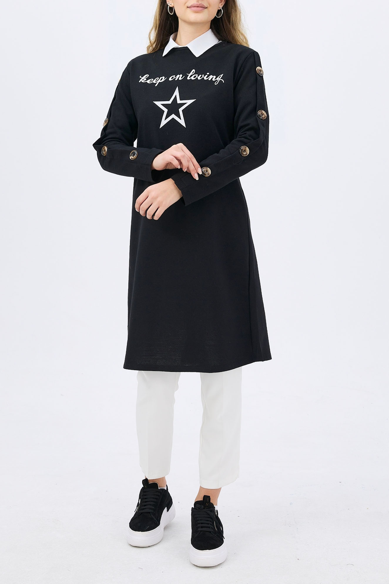 Sleeve Button Printed Tunic Black - 3441