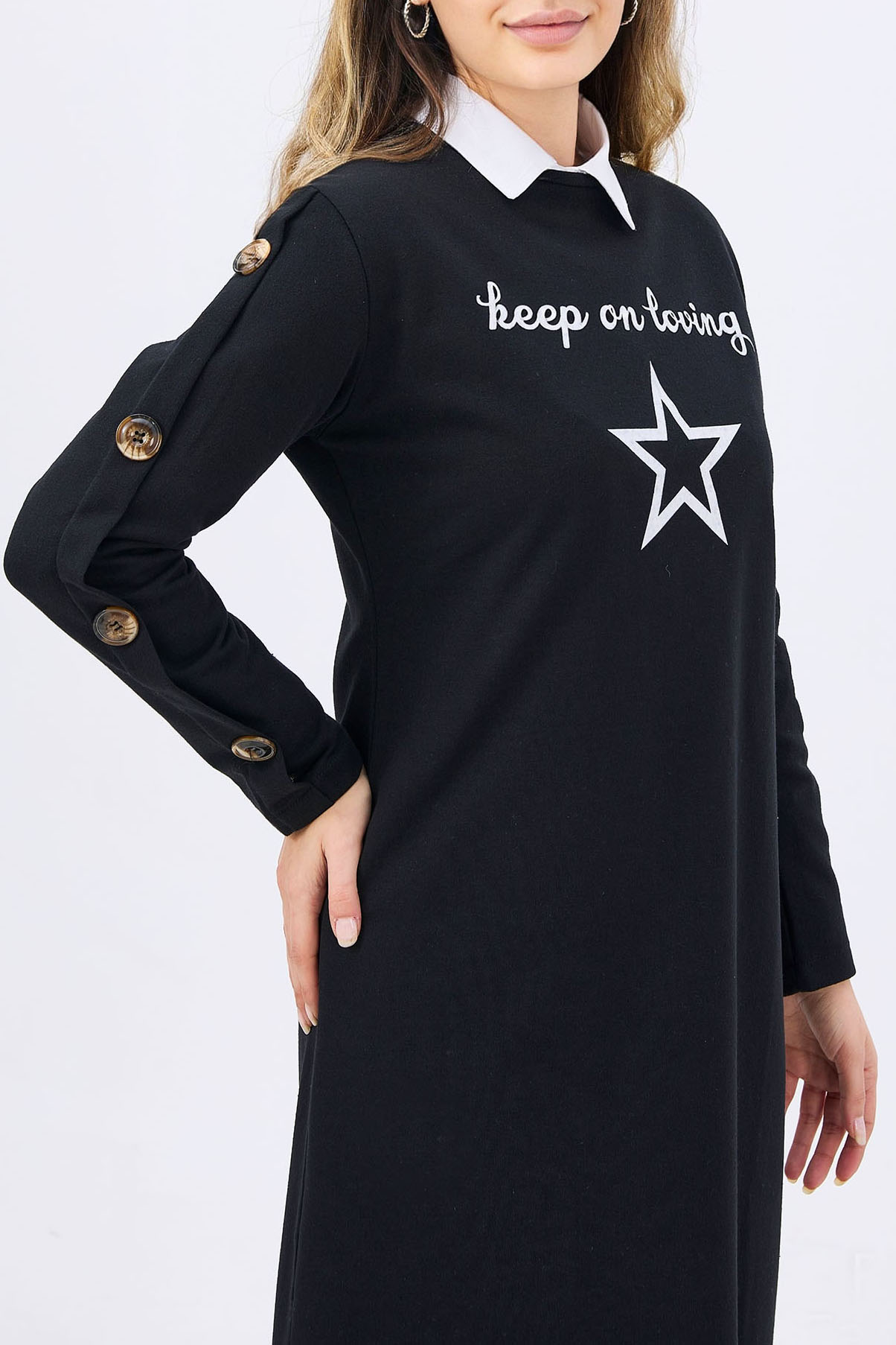 Sleeve Button Printed Tunic Black - 3441