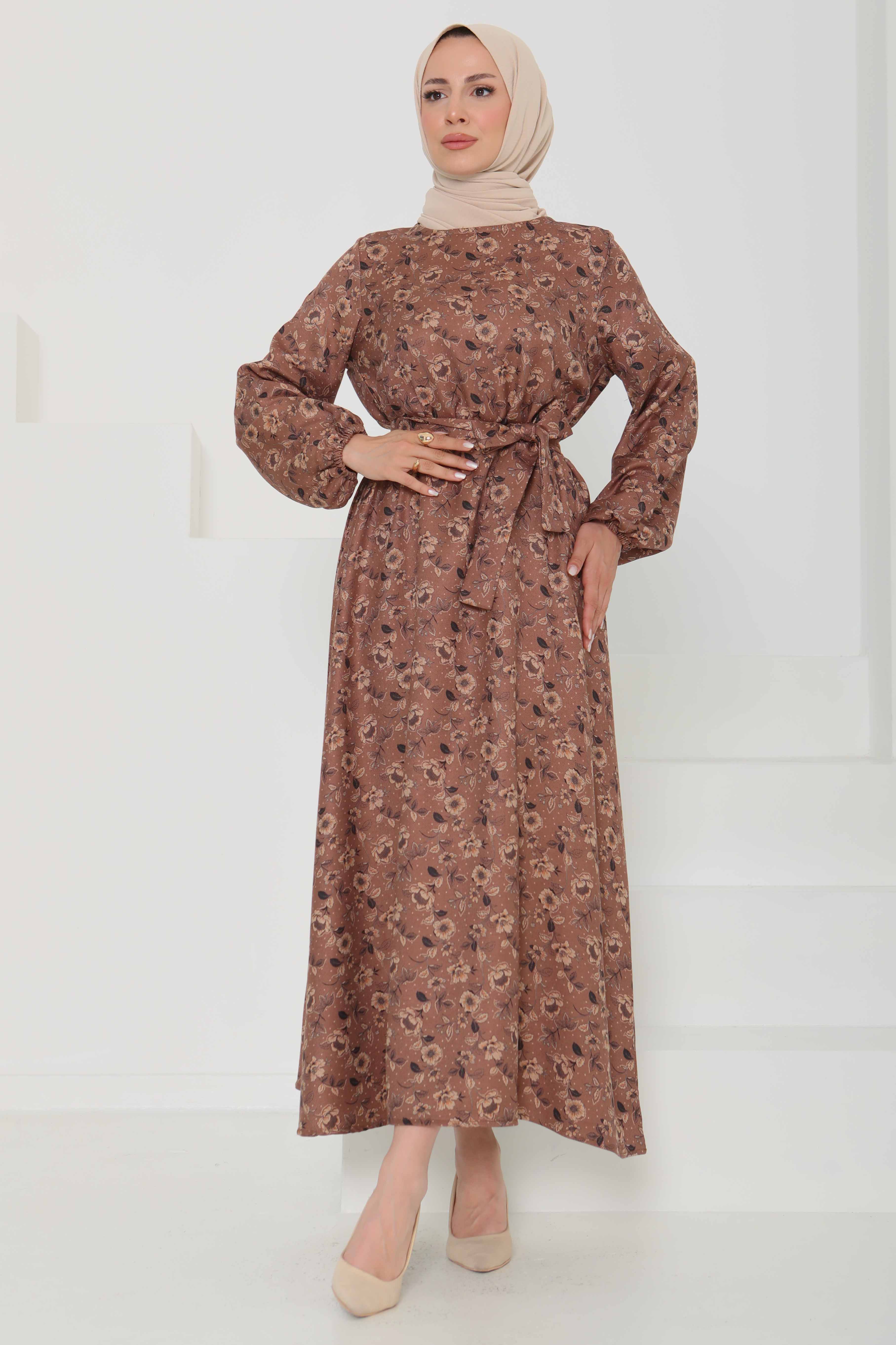 Çiçek Desenli Kuşaklı Elbise - 27103