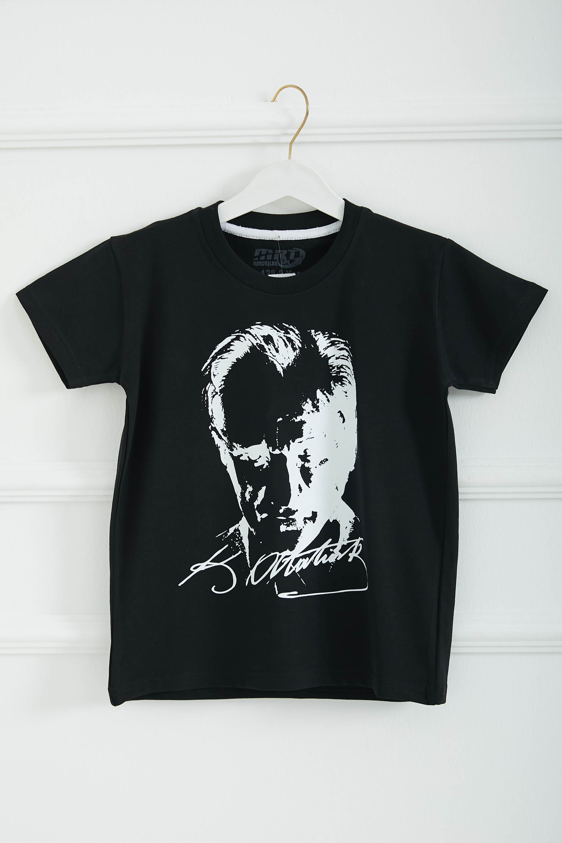Erkek Çocuk Siyah Bisiklet Yaka Atatürk Baskılı Kısa Kollu Unisex T-Shirt - 26847