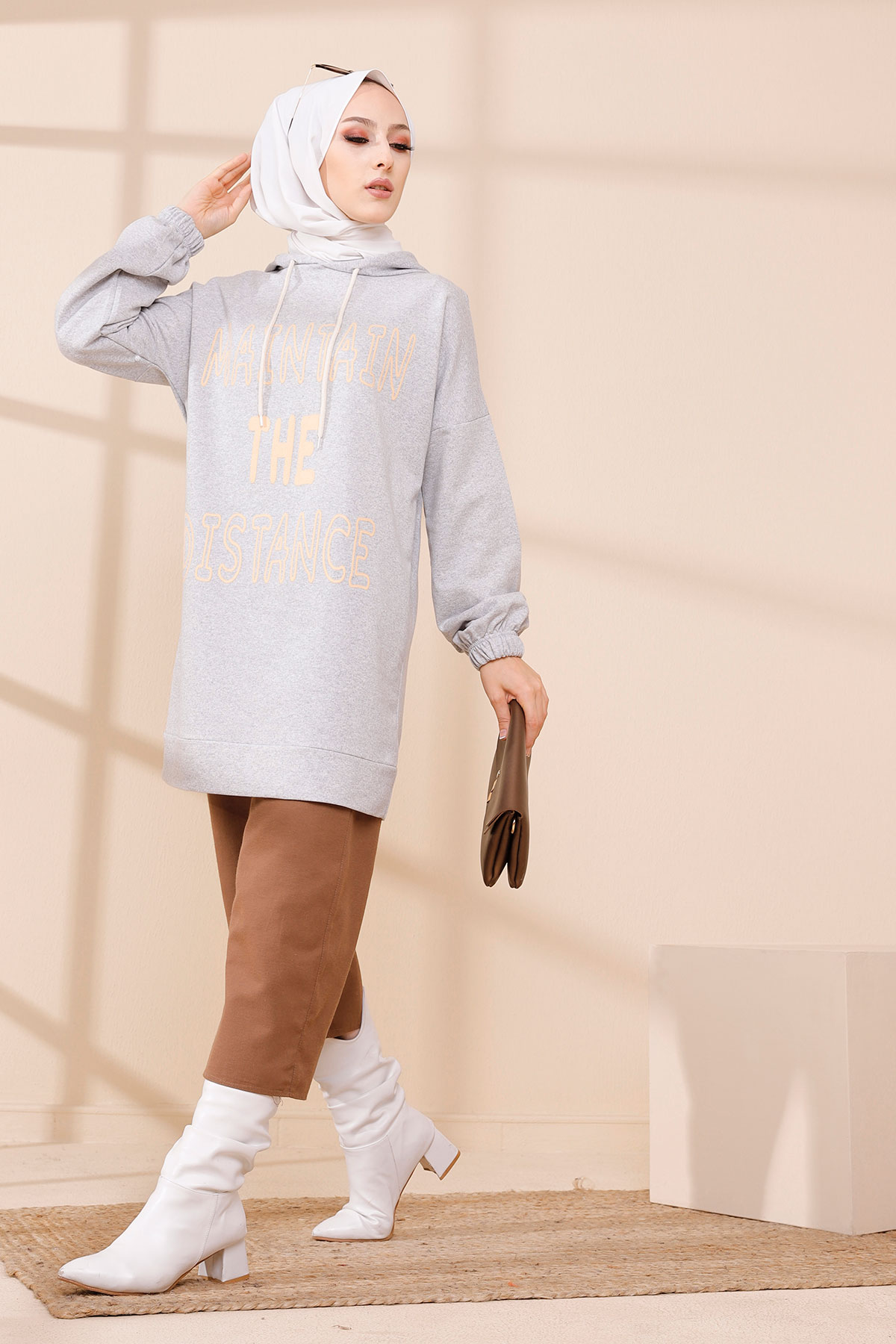 Printed Hooded Tunic Gray - 4166