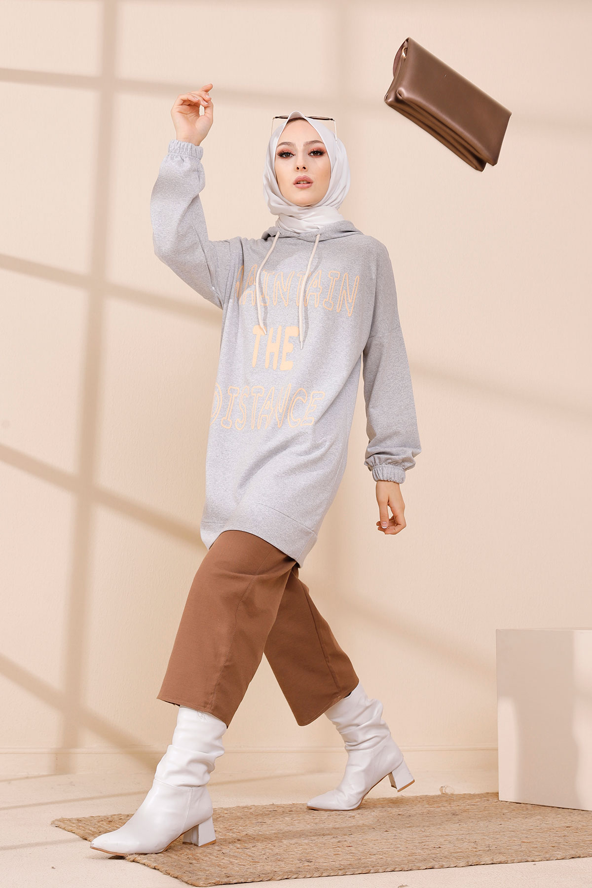 Printed Hooded Tunic Gray - 4166