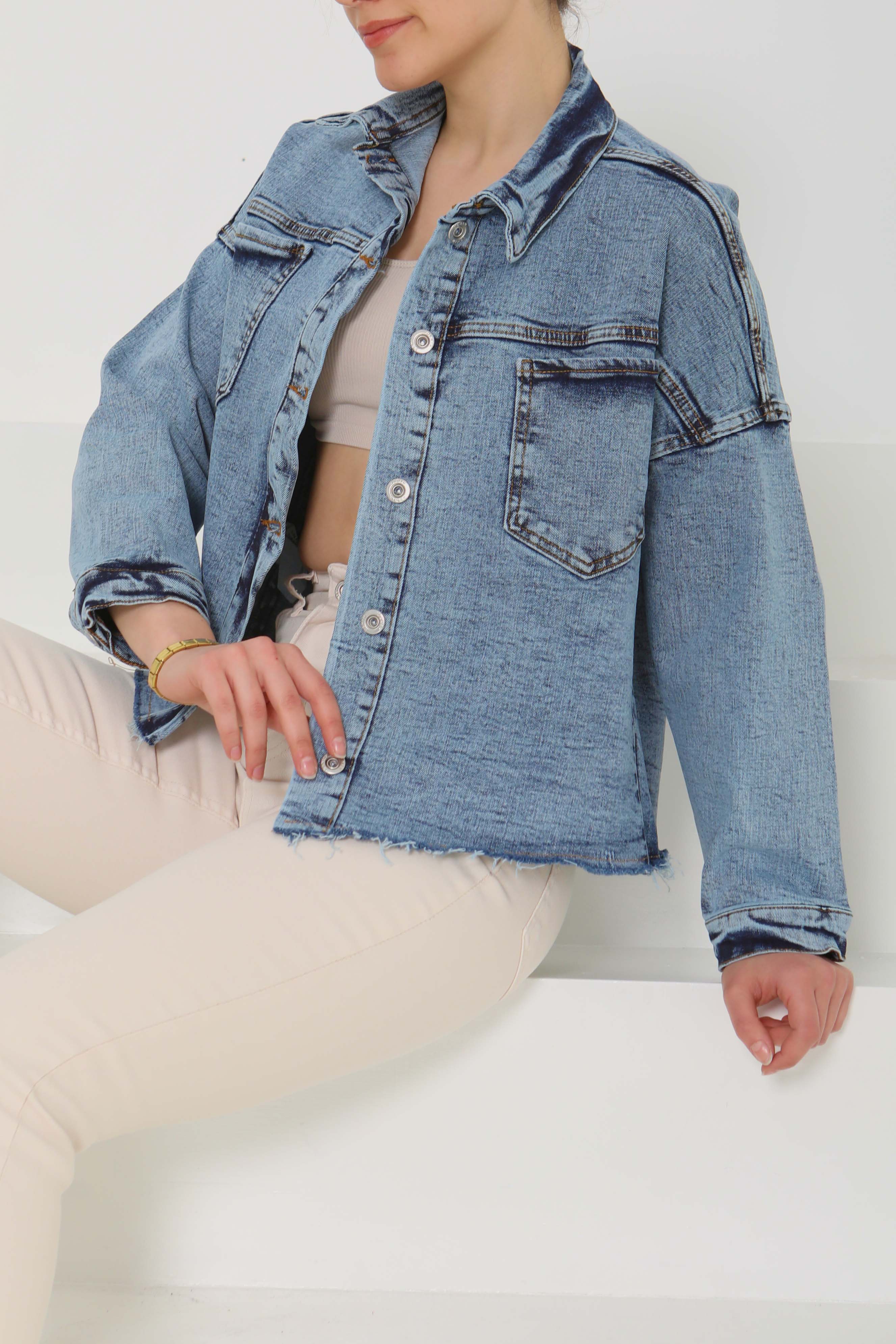 Kadın Oversize Püskül Detay Yaka Cep Kot Ceket Mavi - 26580