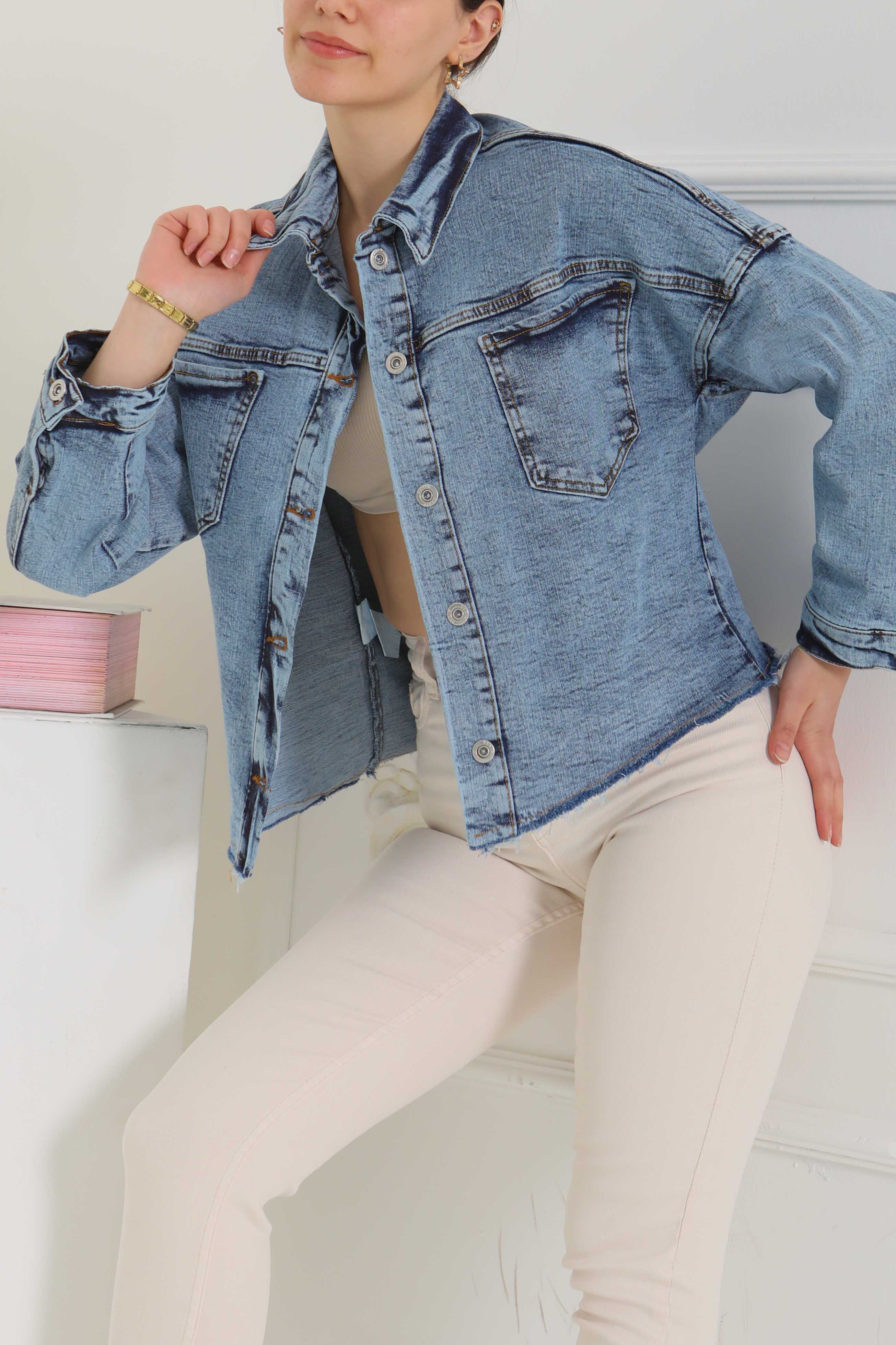 Kadın Oversize Püskül Detay Yaka Cep Kot Ceket Mavi - 26580