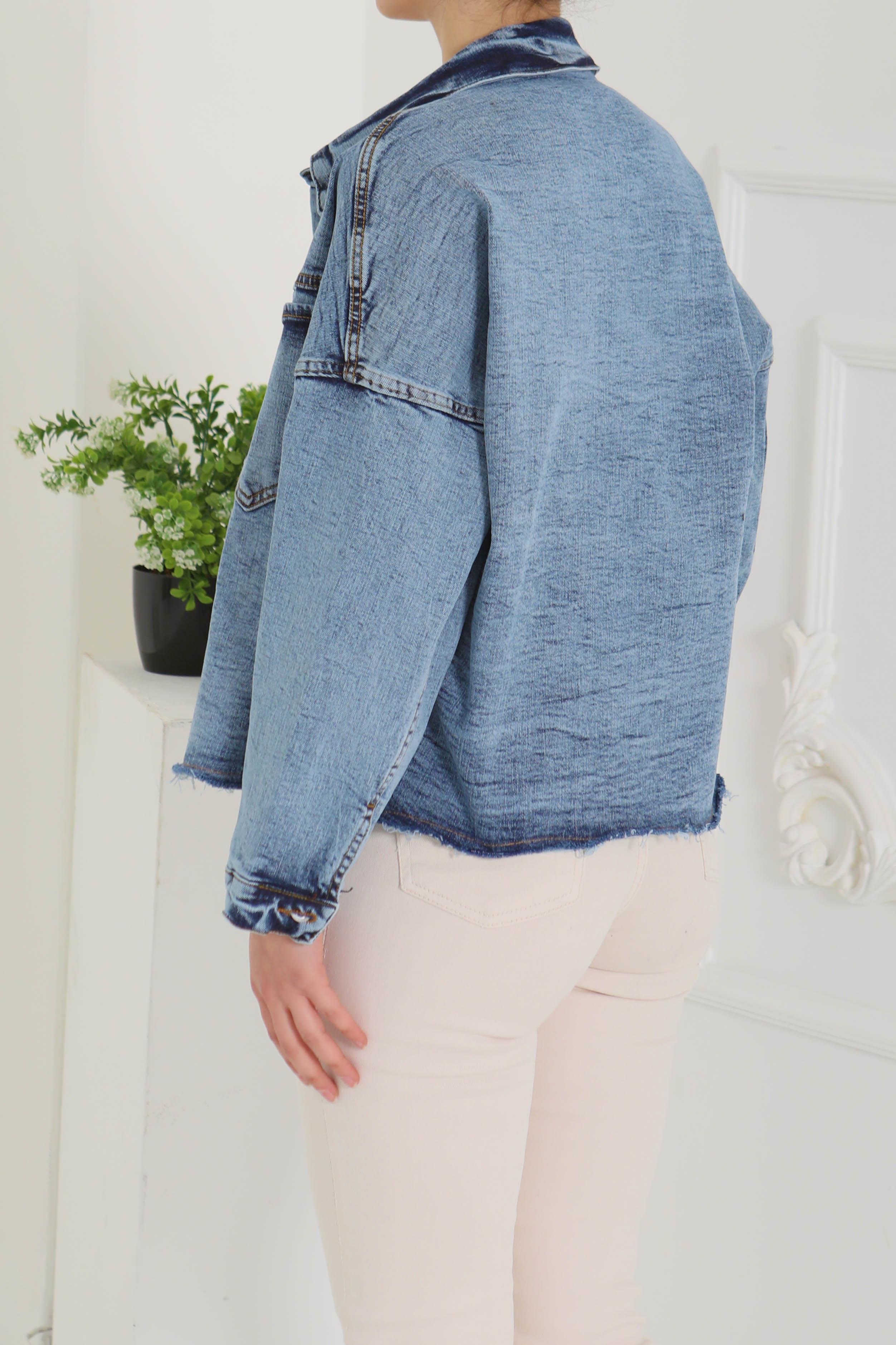 Kadın Oversize Püskül Detay Yaka Cep Kot Ceket Mavi - 26580