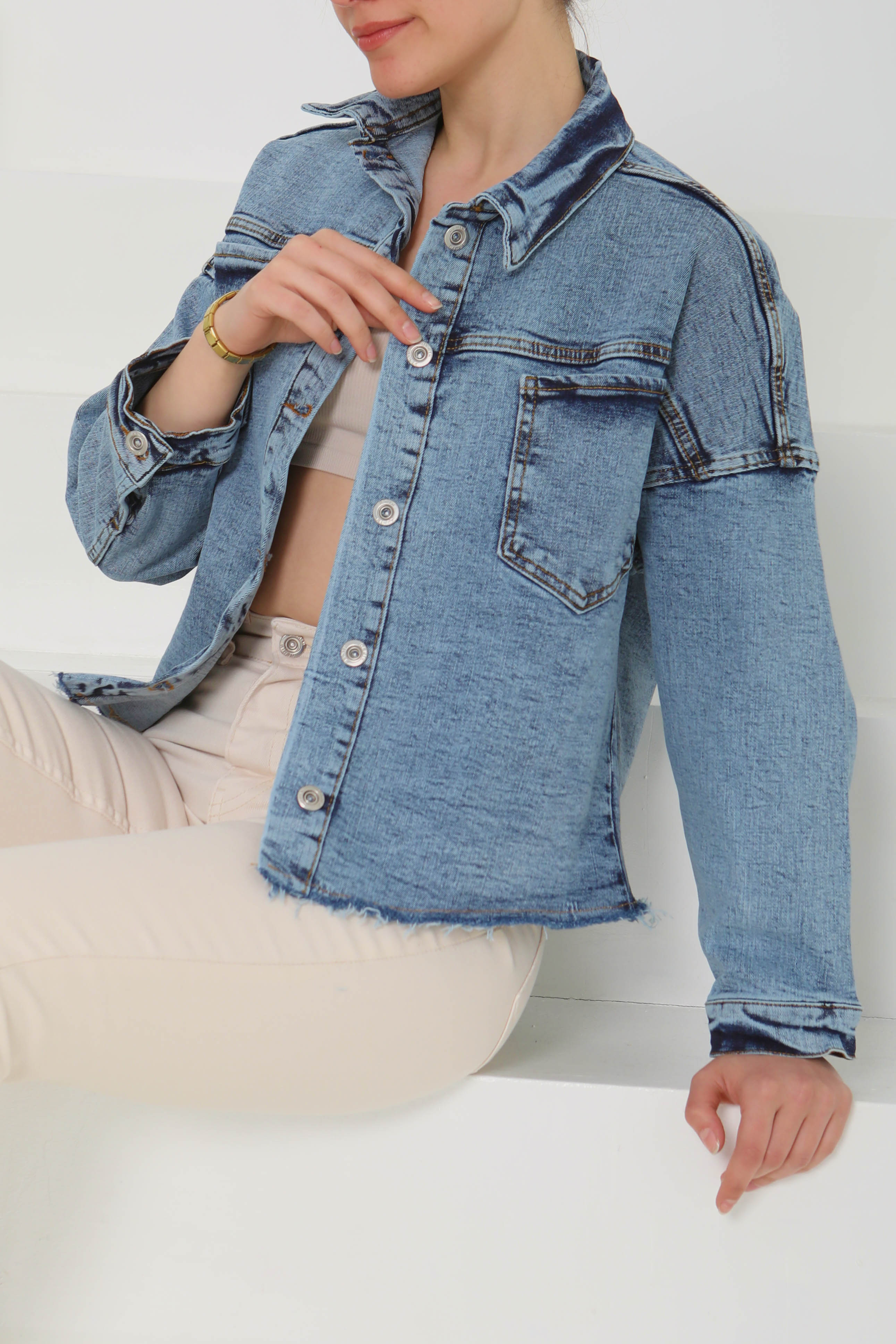 Kadın Oversize Püskül Detay Yaka Cep Kot Ceket Mavi - 26580