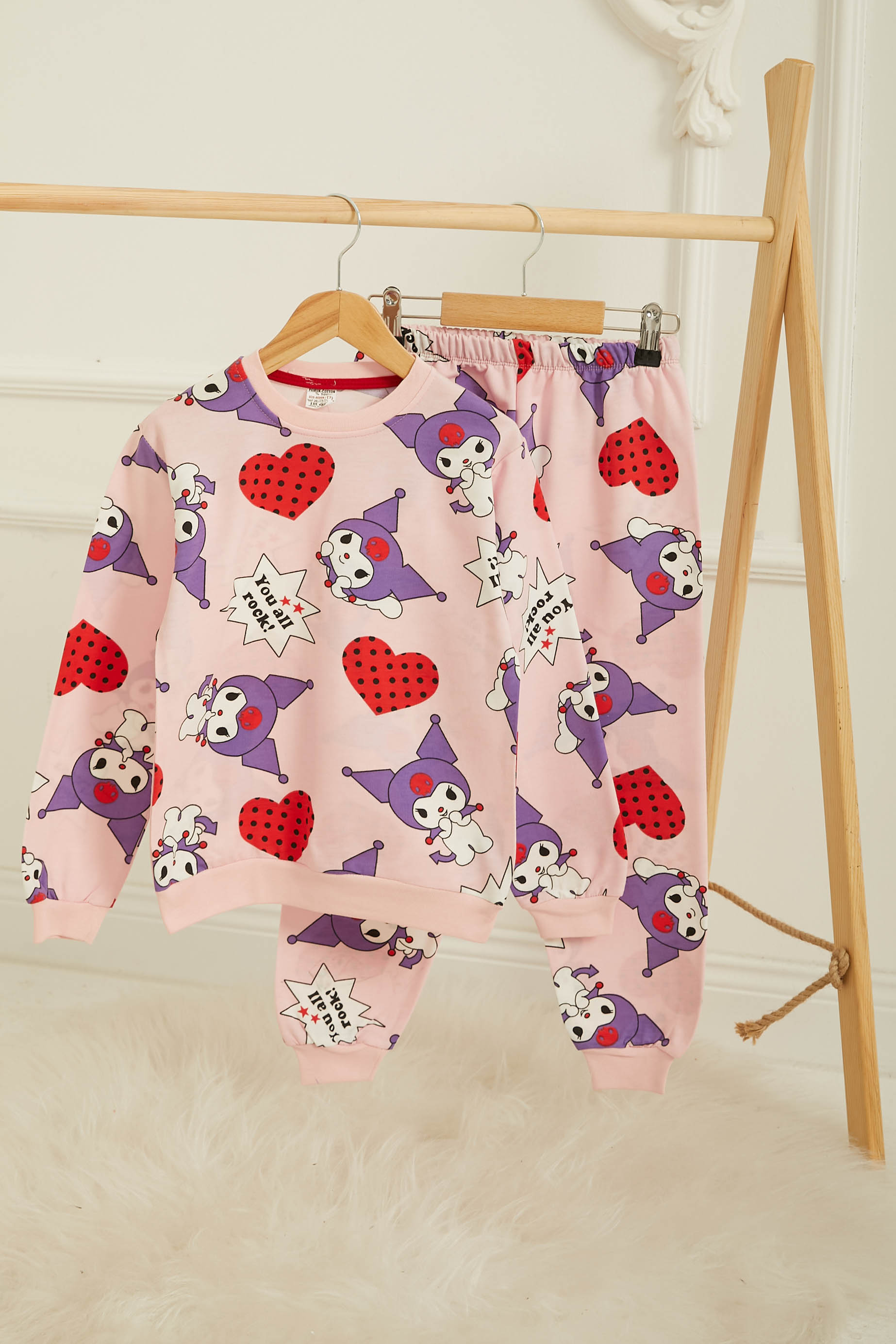 Kız Çocuk Pudra Baskılı Pijama Takımı - 26805