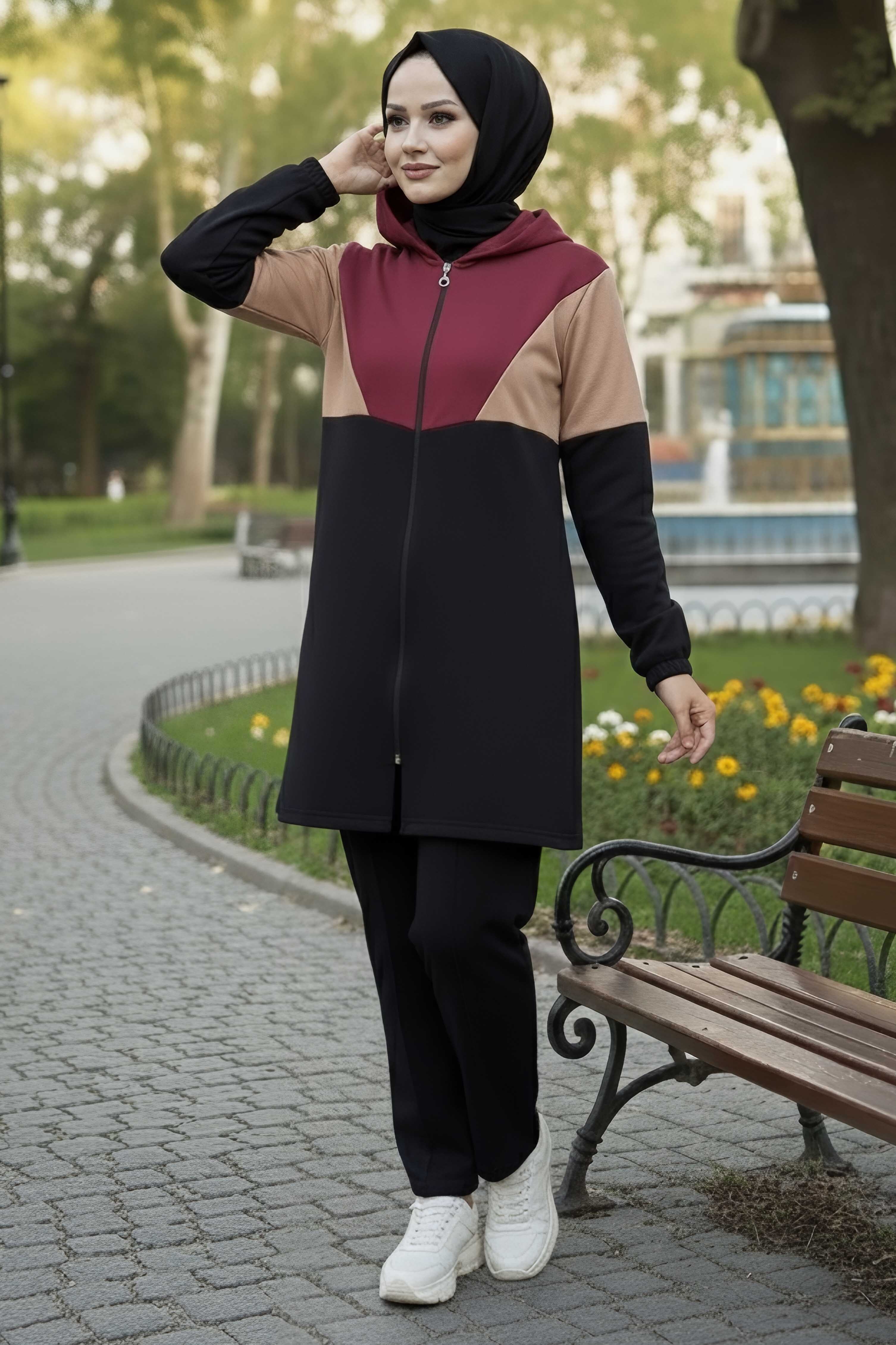 Kapşonlu Tunik Pantolon Bordo - 13107