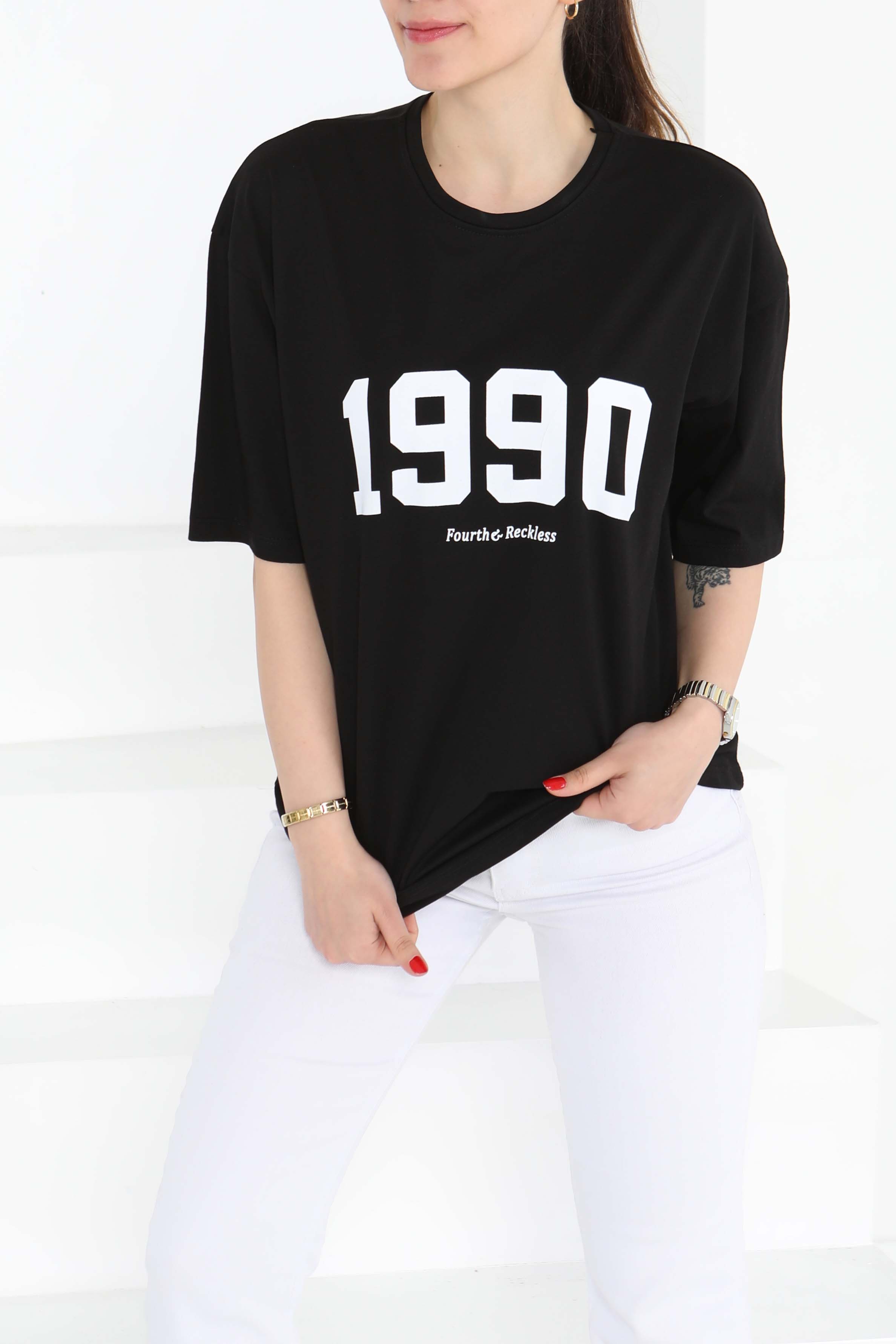 1990 Baskılı Kısa Kollu T-Şhirt Siyah - 27124