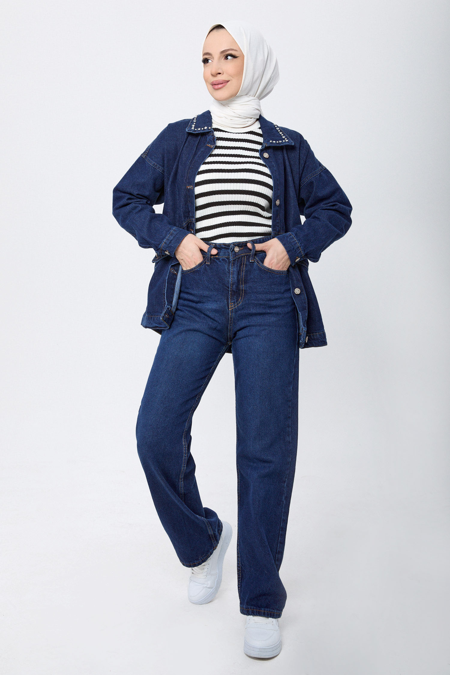 Wide Leg Yüksek Bel Kot Pantolon Koyu Mavi - 23664