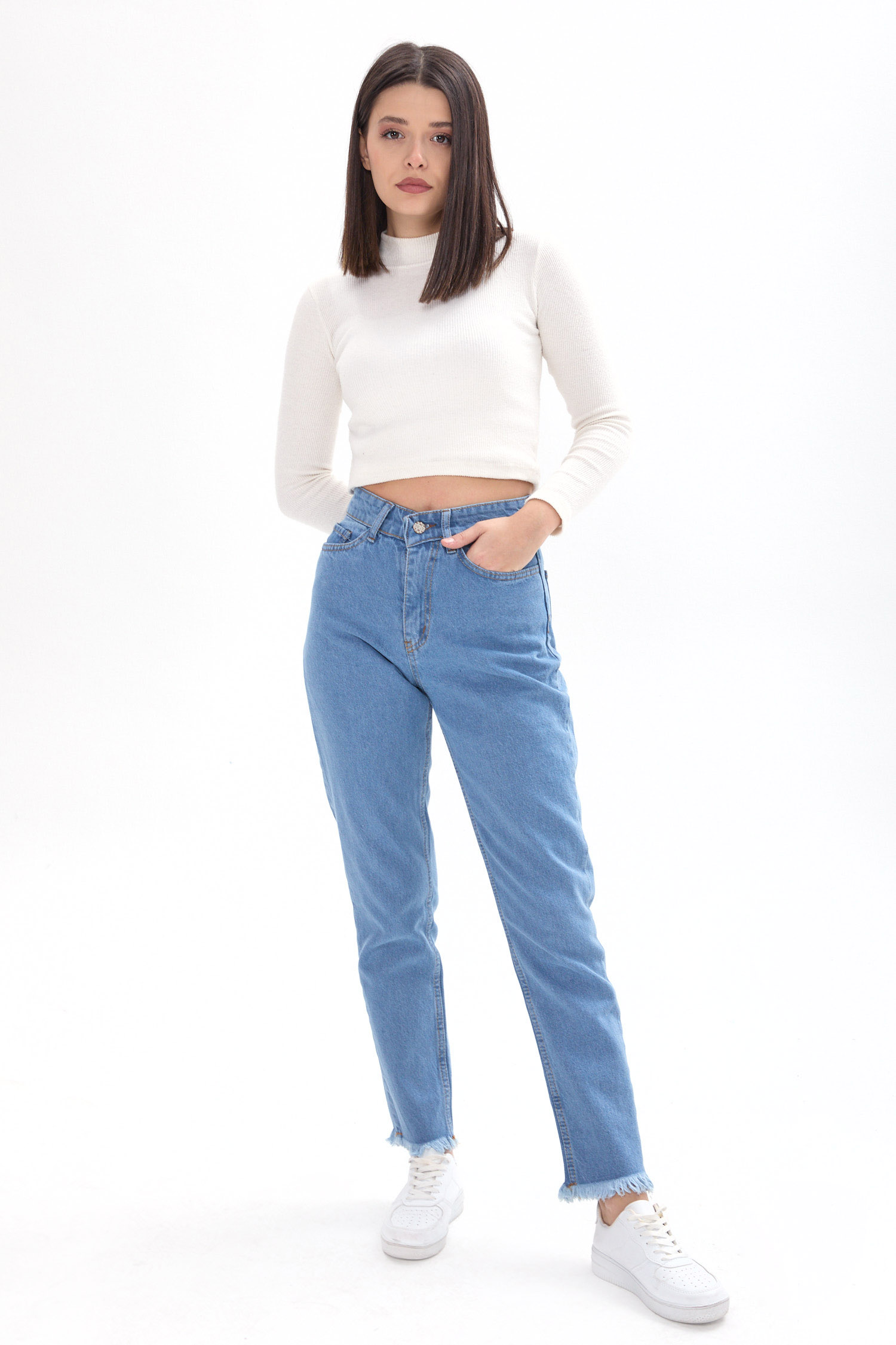 23670-BUZ-MAVI Yüksek Bel Paça Püsküllü Mom Jeans