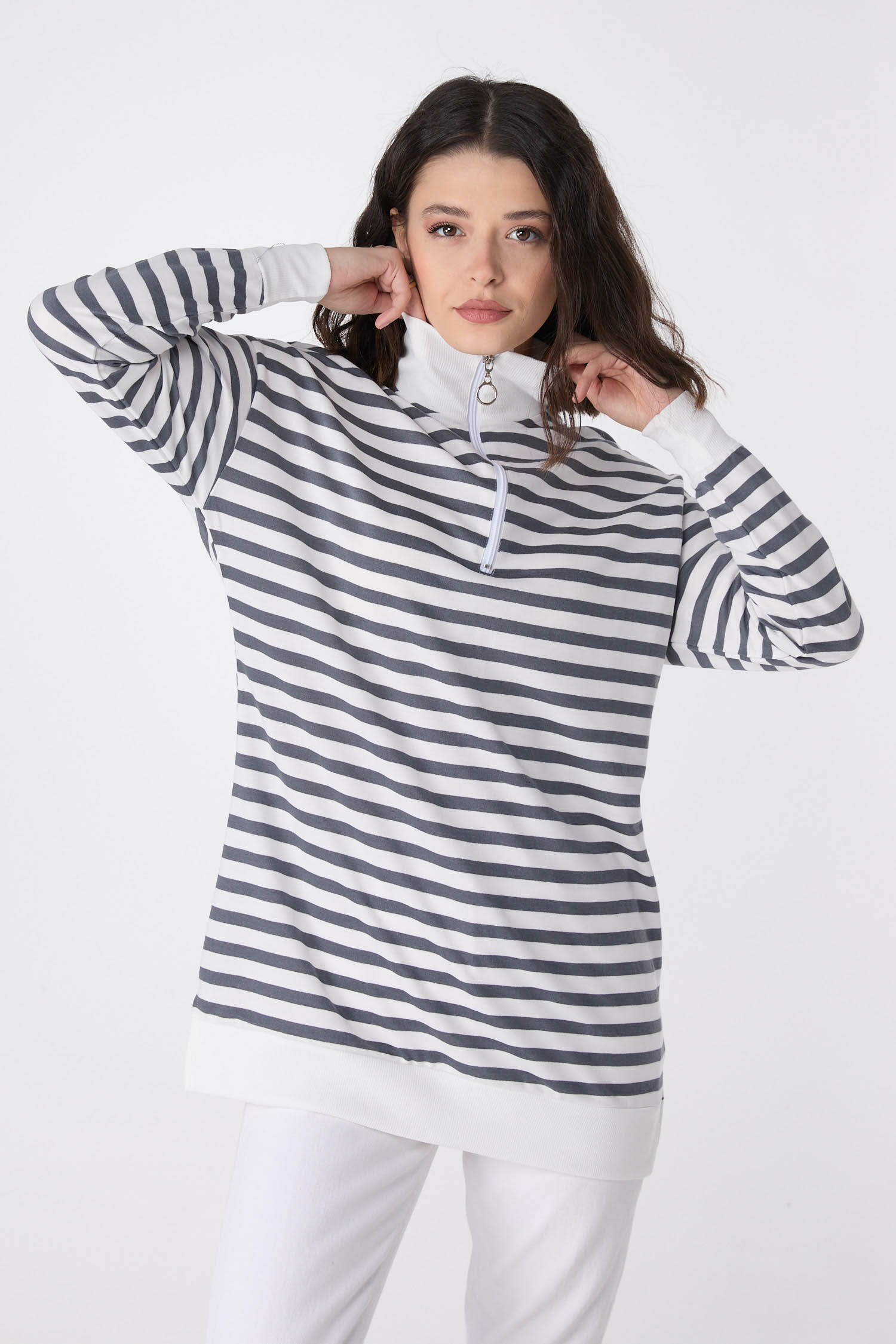 23892-FUME Çizgili Sweat