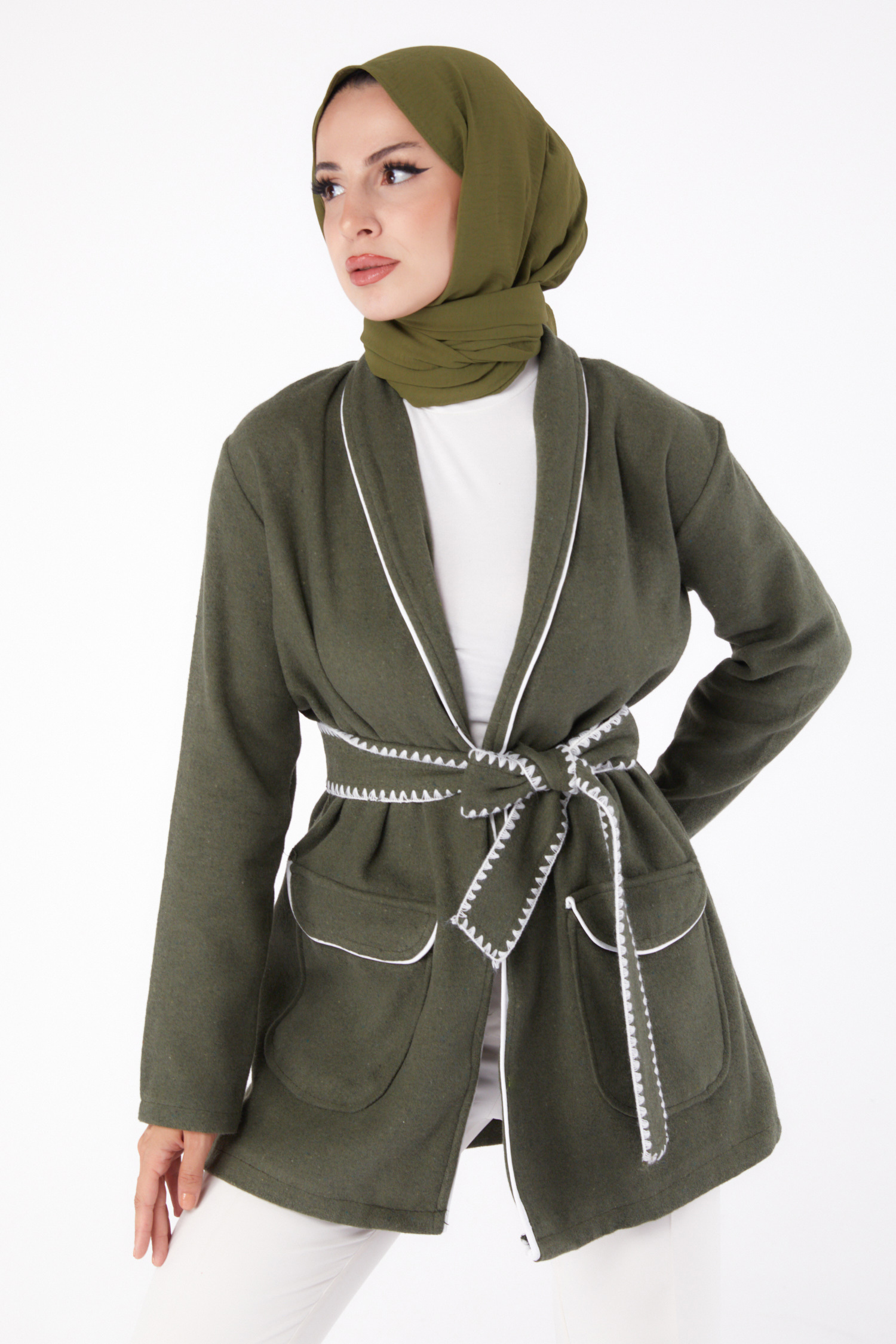 Ara biye Detaylı Kaşe Kaban  - 27747-HAKI