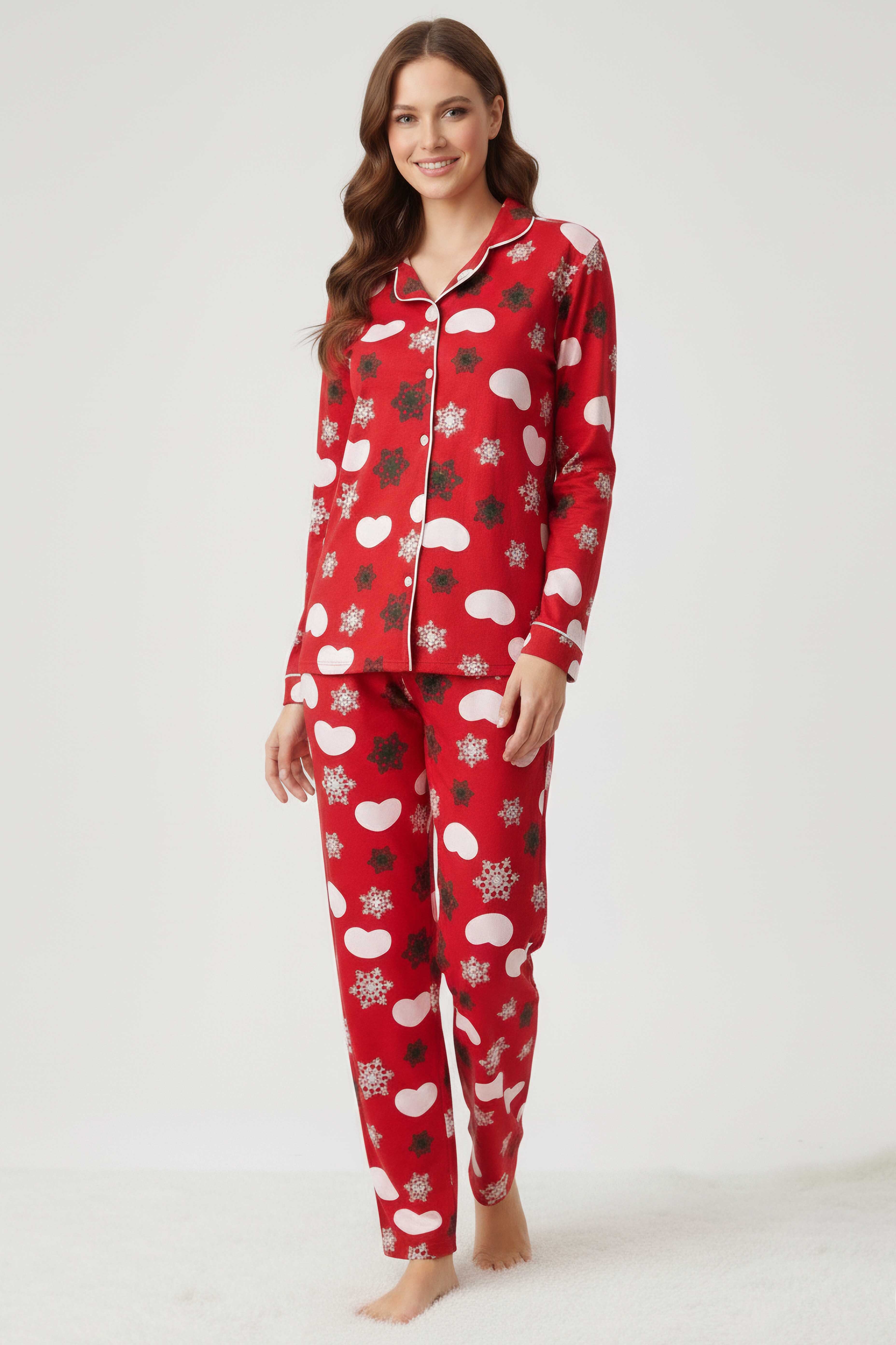 Ara Biyeli Baskılı Süet Pijama Takımı  - 28084-KIRMIZI