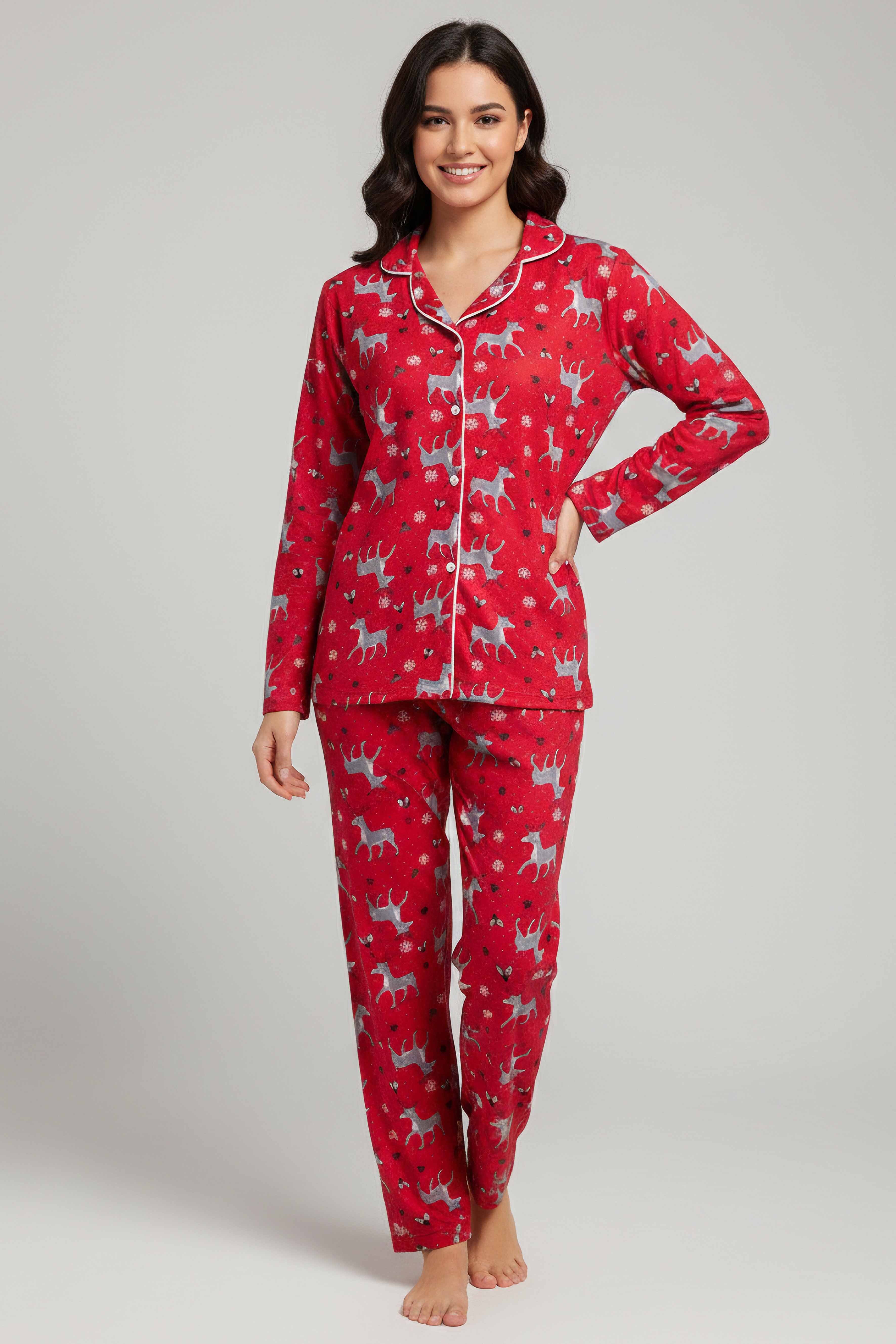 Ara Biyeli Baskılı Süet Pijama Takımı  - 28085-KIRMIZI