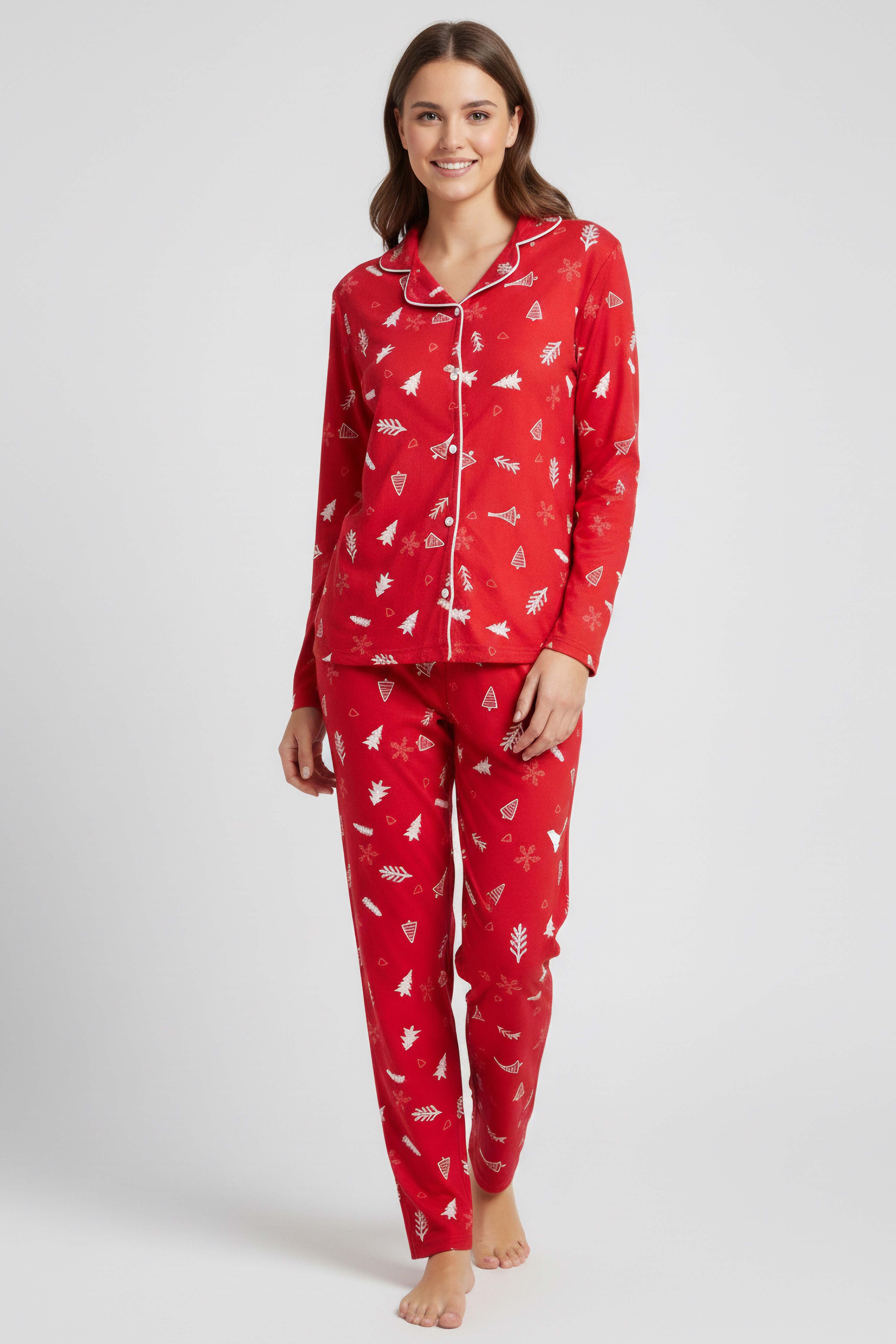 Ara Biyeli Baskılı Süet Pijama Takımı  - 28086-KIRMIZI