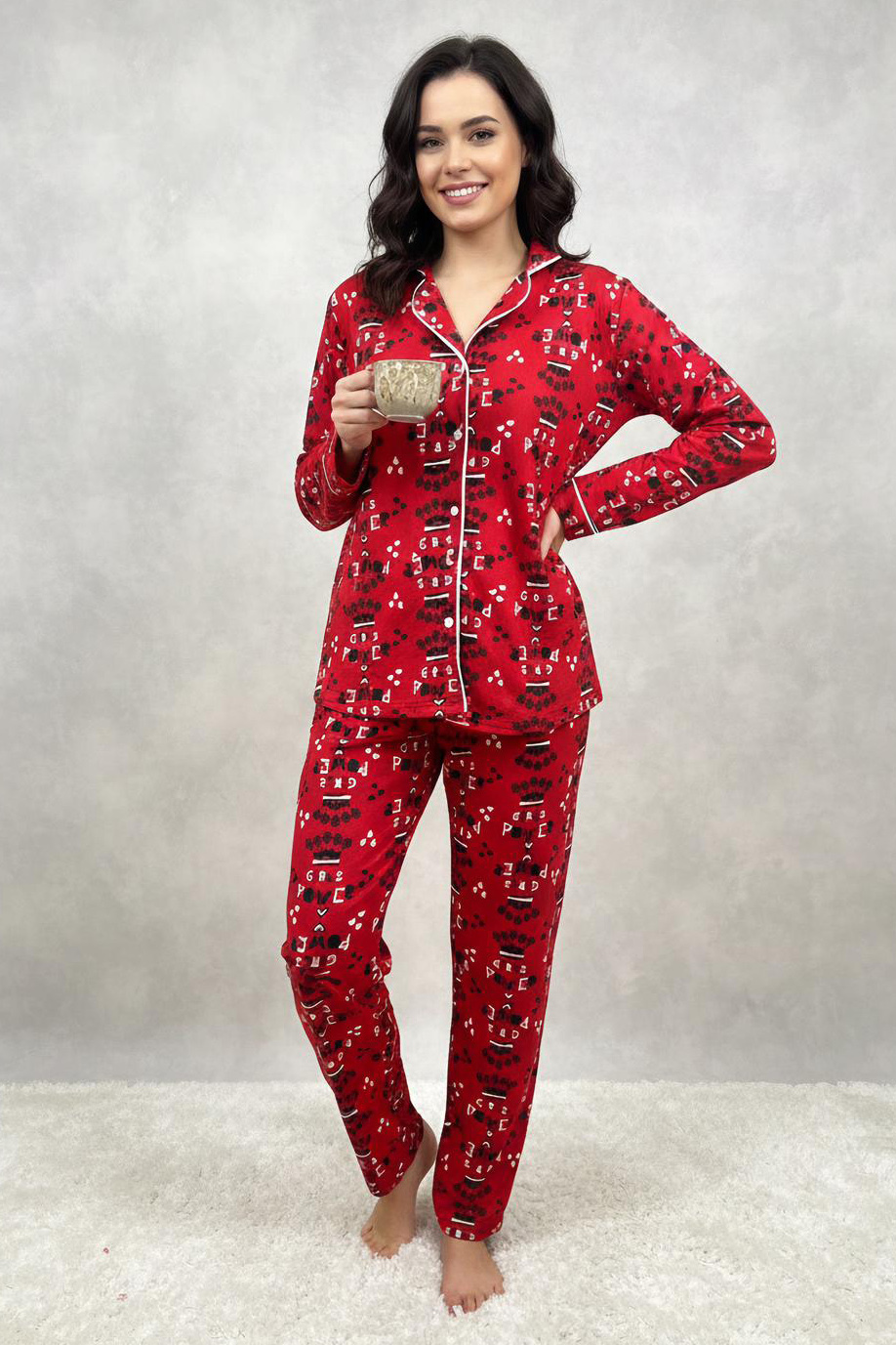 Ara Biyeli Baskılı Süet Pijama Takımı  - 28178-KIRMIZI