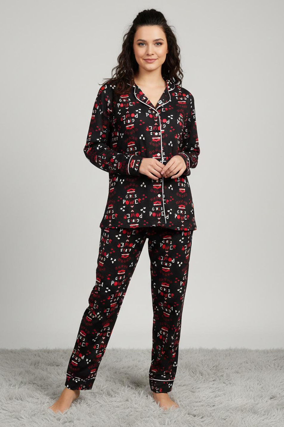 Ara Biyeli Baskılı Süet Pijama Takımı  - 28178-SIYAH