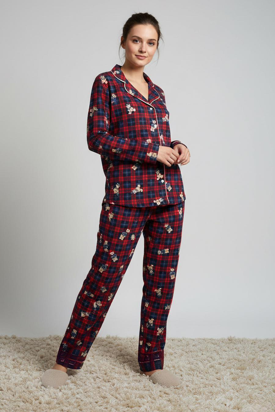 Ara Biyeli Baskılı Süet Pijama Takımı  - 28179-KIRMIZI