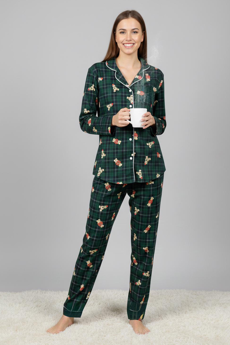 Ara Biyeli Baskılı Süet Pijama Takımı  - 28179-ZUMRUT