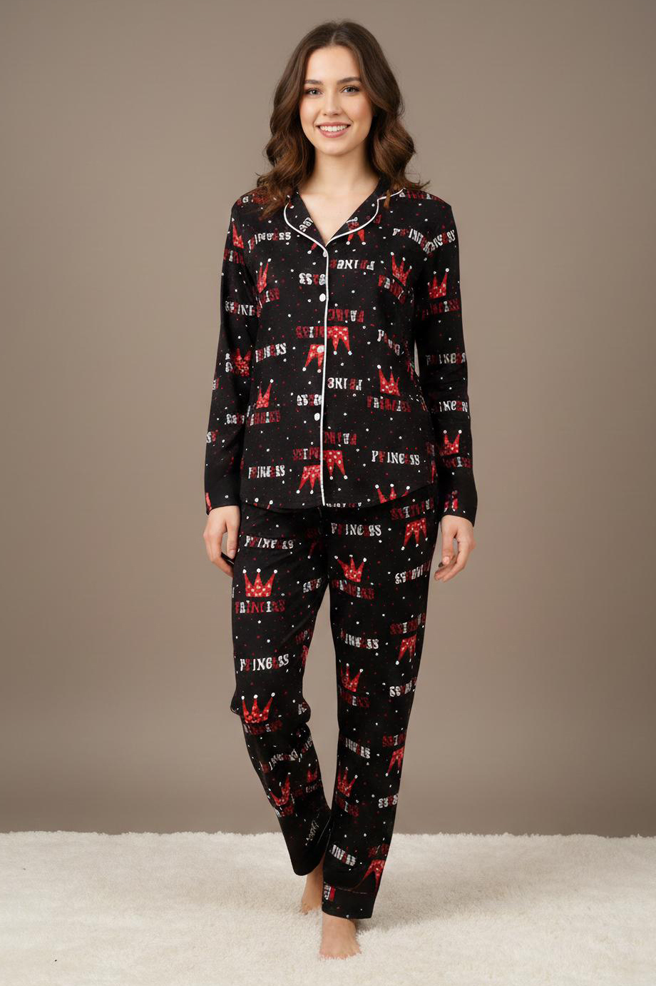 Ara Biyeli Baskılı Süet Pijama Takımı  - 28181-SIYAH