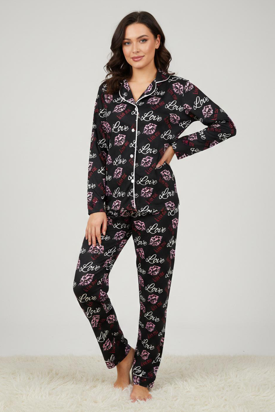 Ara Biyeli Baskılı Süet Pijama Takımı  - 28182-SIYAH