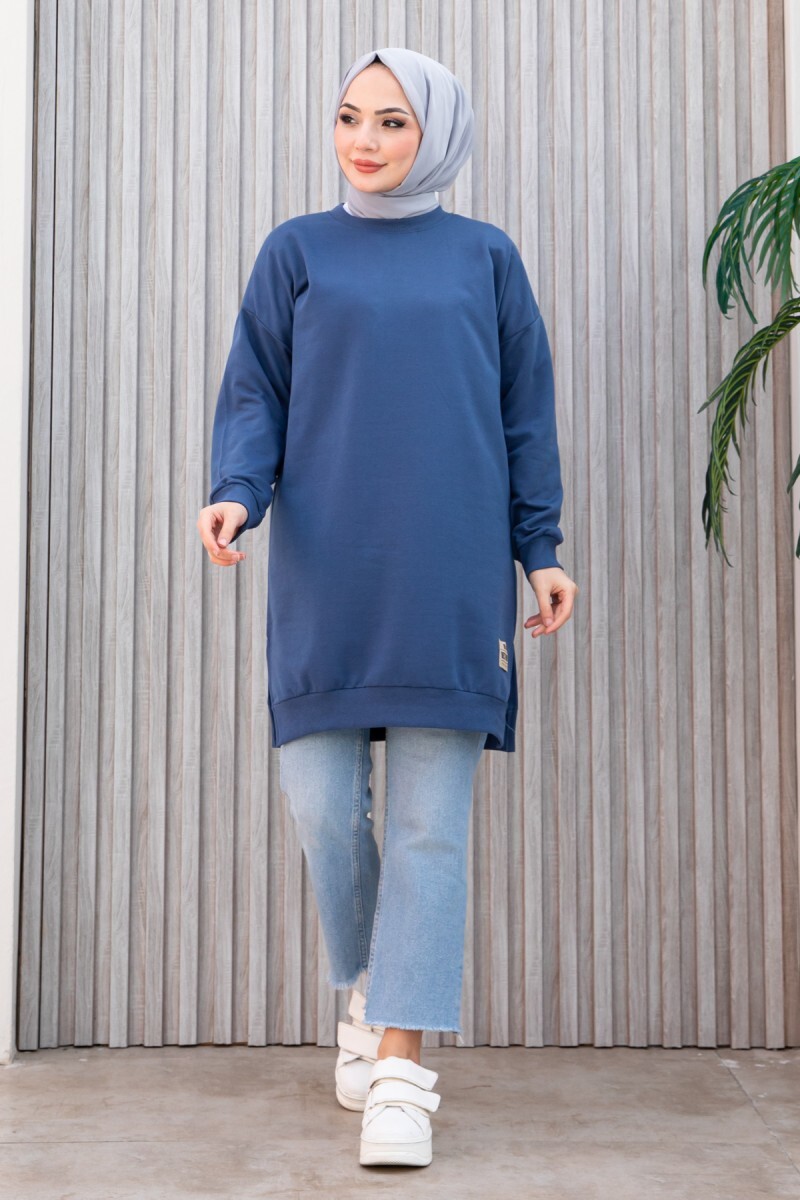 Armalı Yırtmaç Detaylı Vortex Tunik  - 27952-INDIGO