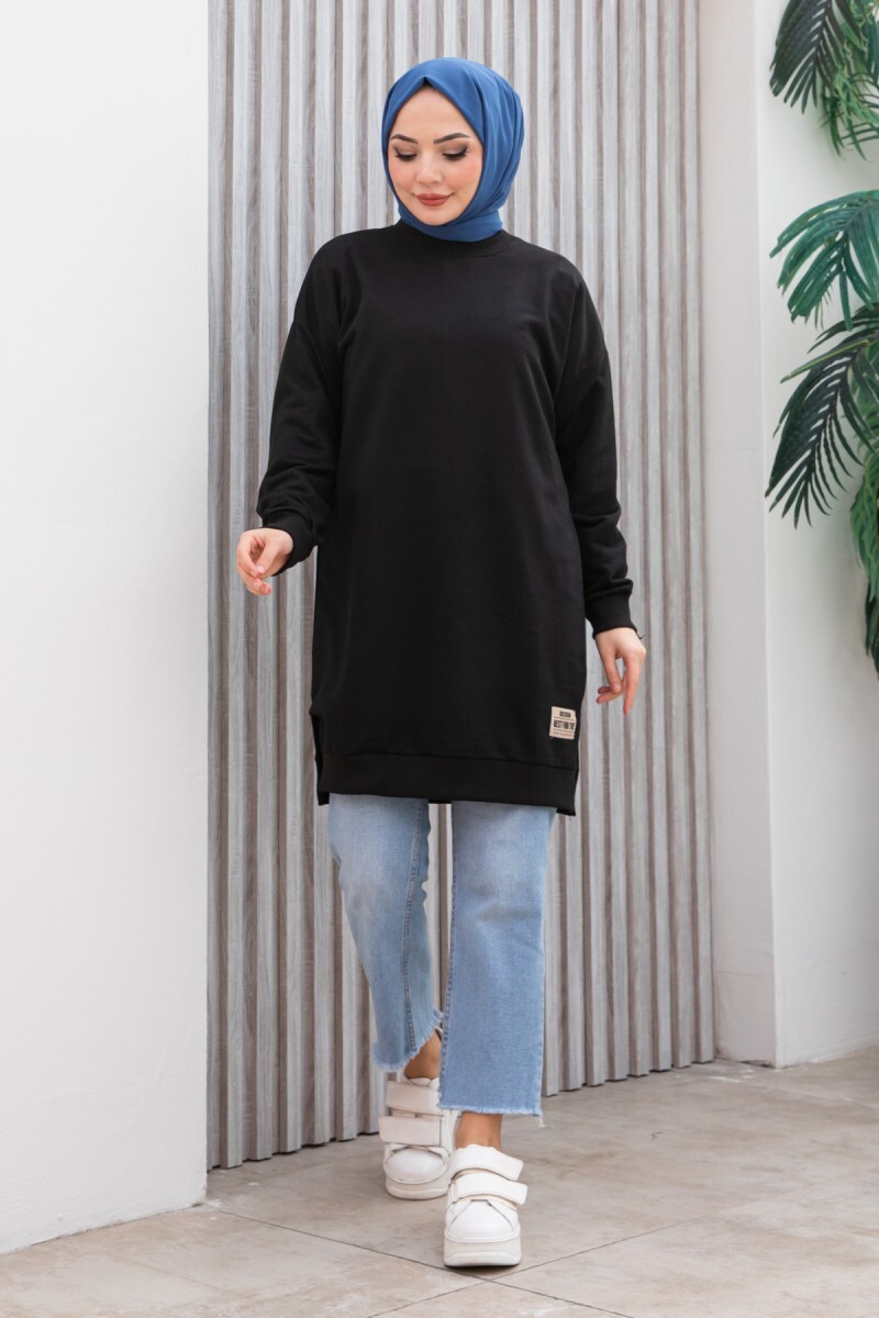Armalı Yırtmaç Detaylı Vortex Tunik  - 27952-SIYAH