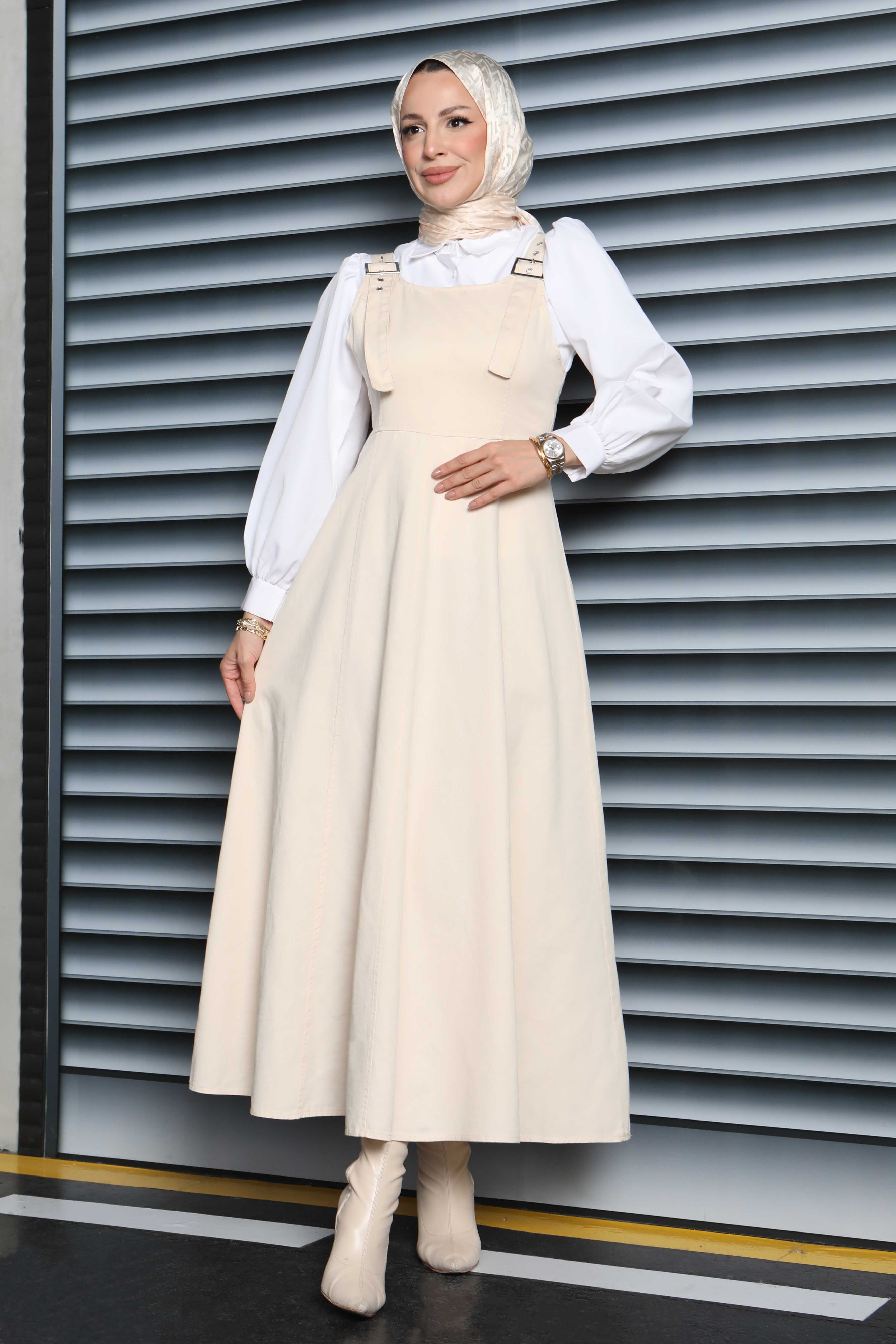 Askılı Gabardin Salopet  - 27832-KREM