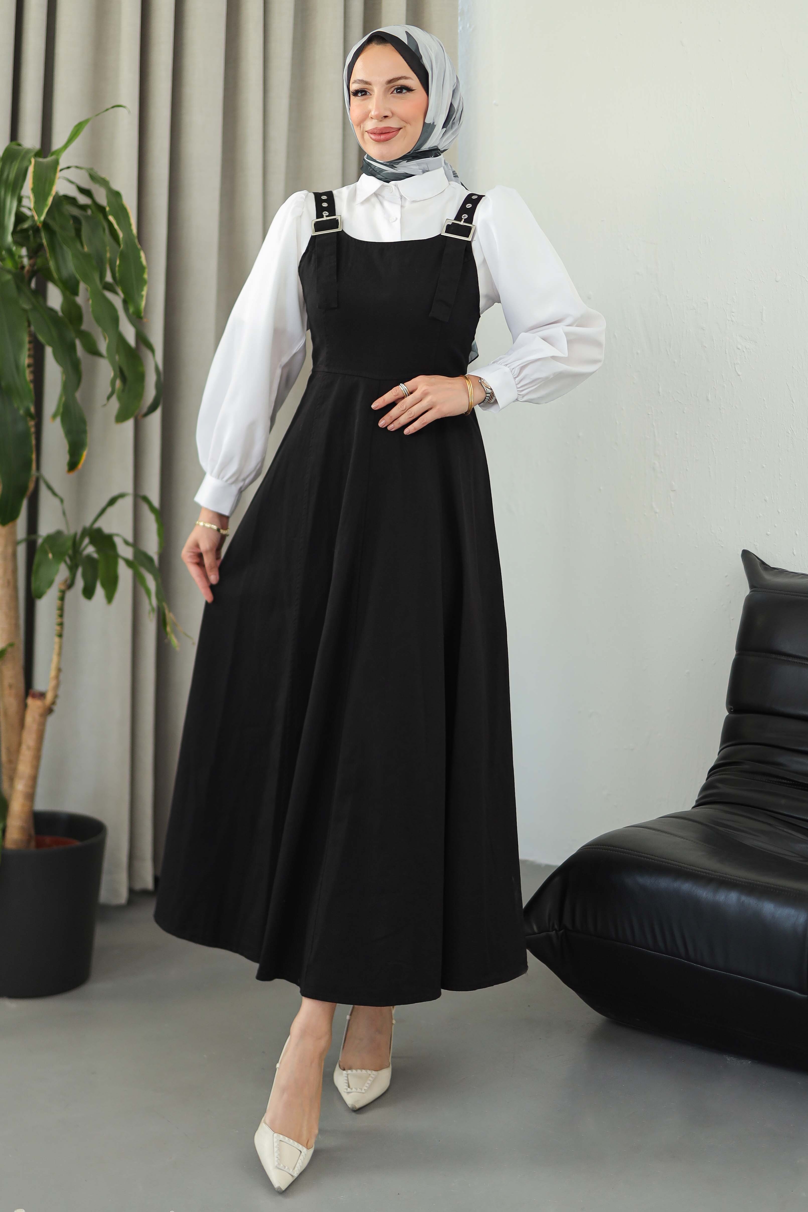 Askılı Gabardin Salopet  - 27832-SIYAH