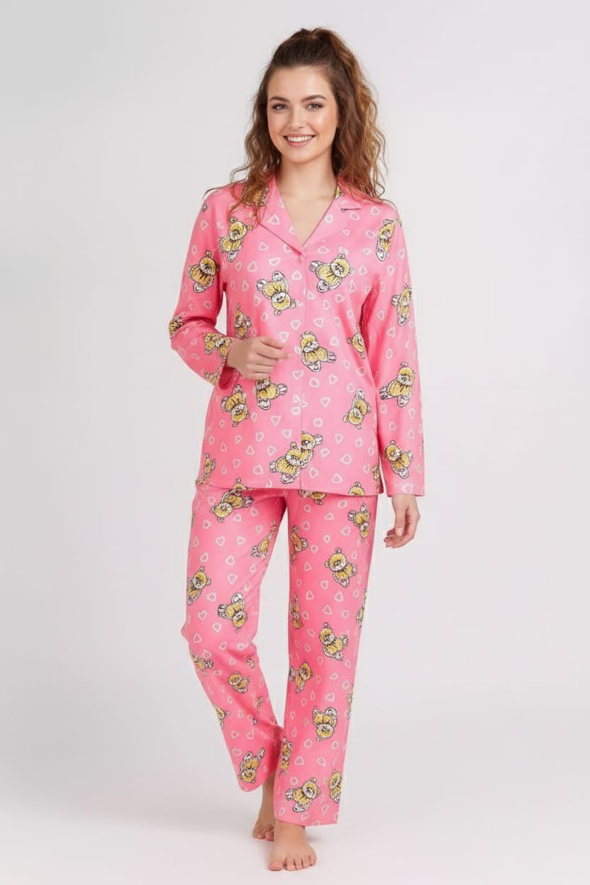 Ayıcık Baskılı Pijama Takımı  - 27941-PEMBE