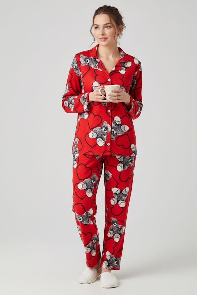 Ayıcık Baskılı Pijama Takımı  - 27943-KIRMIZI