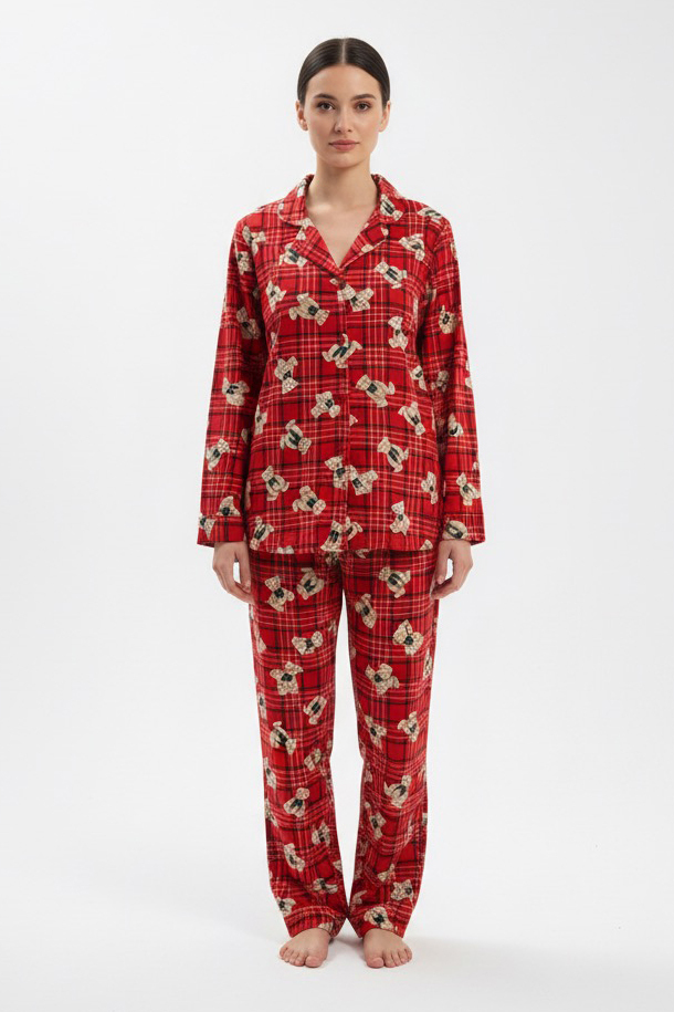 Ayıcık Baskılı Pijama Takımı  - 27945-KIRMIZI