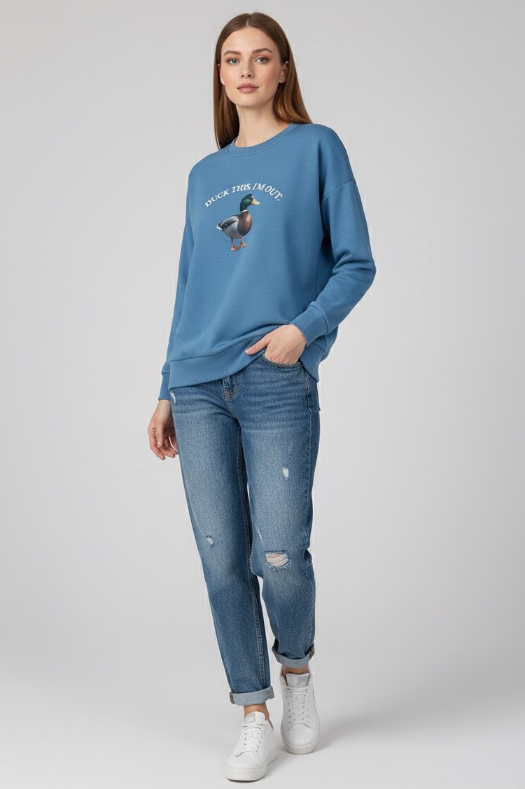 Baskılı İki İplik Sweatshirt  - 27991-MAVI