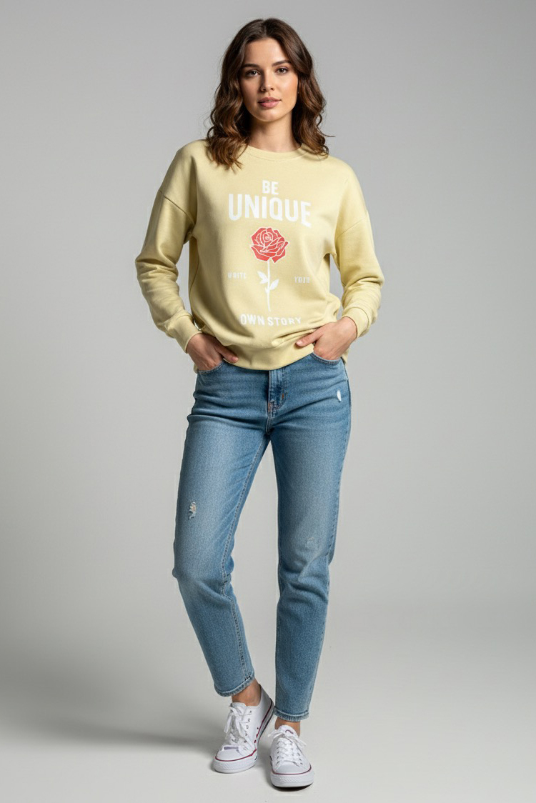 Baskılı İki İplik Sweatshirt  - 27992-KREM