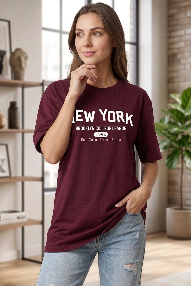 Baskılı Kısa Kollu Tunik  - 1311-BORDO