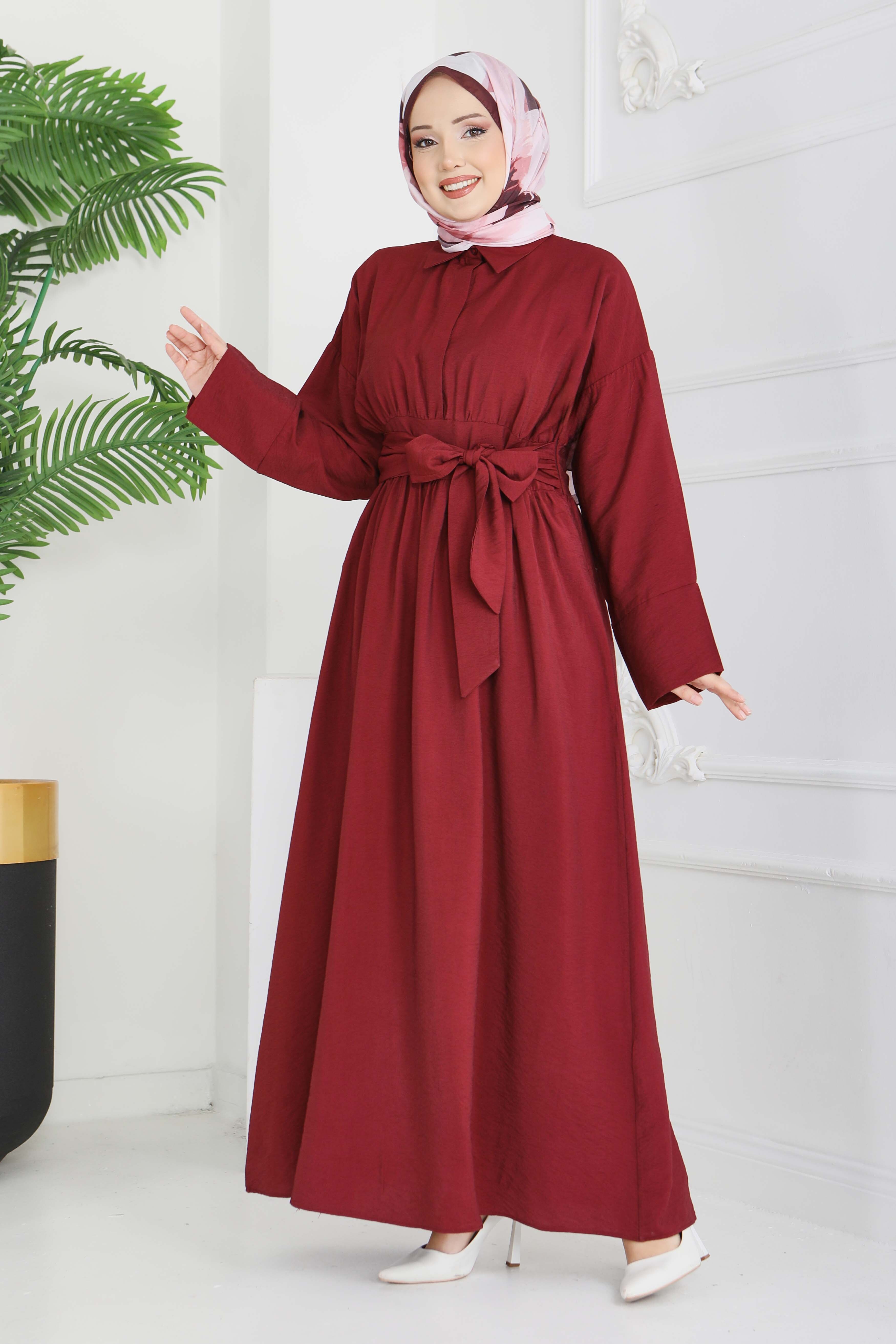 Bel Kuşaklı Gizli Düğmeli Elbise  - 28224-BORDO