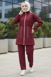 Belde Lastik Detaylı Fermuarlı Cepli Modal İkili Takım - 28044-BORDO - TOFİSA (1)
