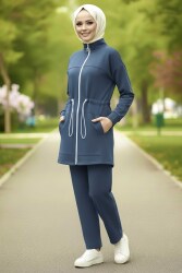 Belde Lastik Detaylı Fermuarlı Cepli Modal İkili Takım - 28044-LACIVERT - TOFİSA (1)